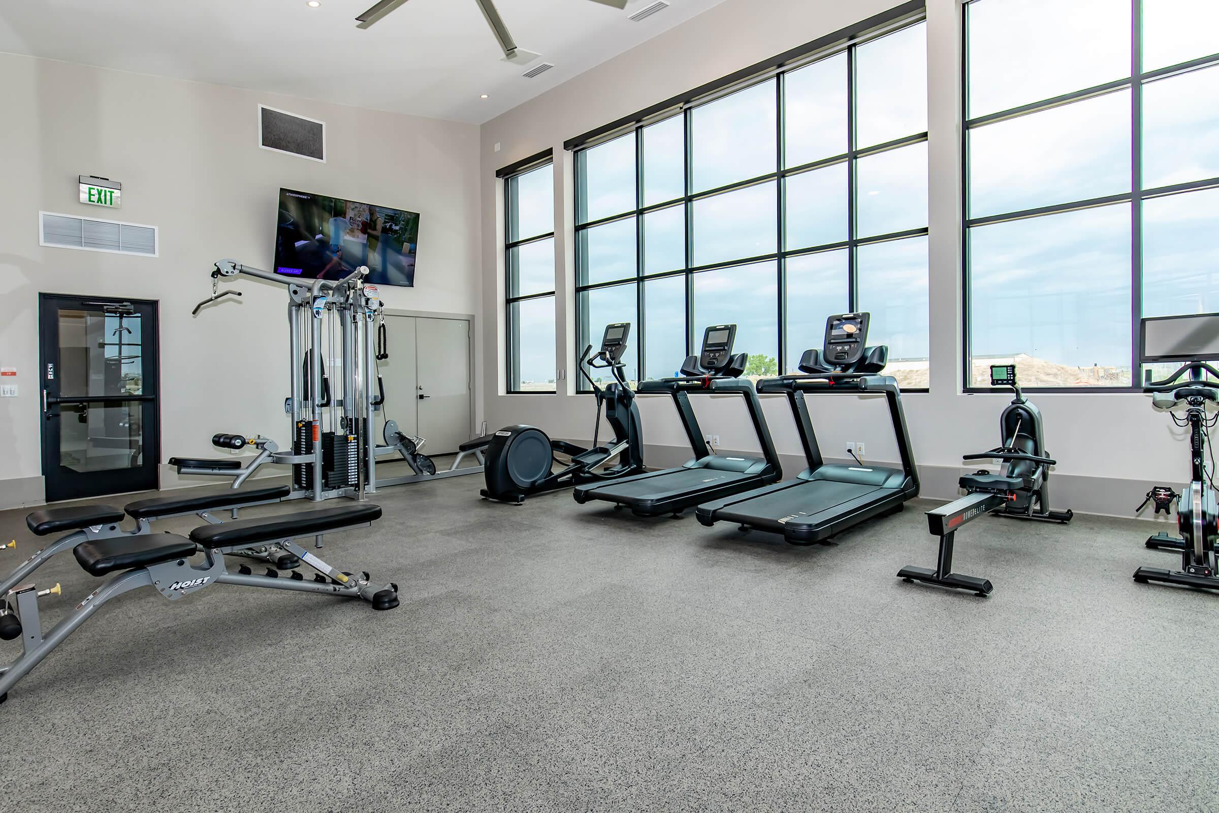 A modern gym interior featuring various exercise equipment including treadmills, a rowing machine, and a multi-functional strength training machine. Large windows allow natural light to fill the space, and a TV is mounted on the wall for entertainment. The floor is covered in a durable, smooth surface.
