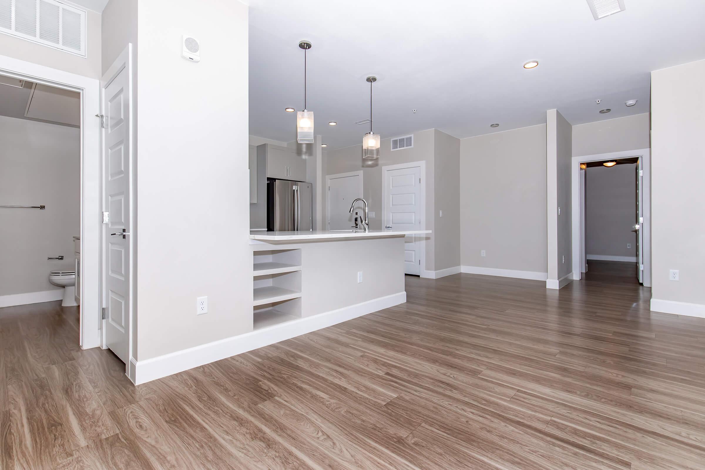 Spacious modern apartment interior featuring an open layout. Light-colored walls and hardwood floors create a bright atmosphere. The kitchen is visible with sleek appliances and pendant lighting. Doorways lead to other rooms, including a bathroom. Ample natural light fills the space.