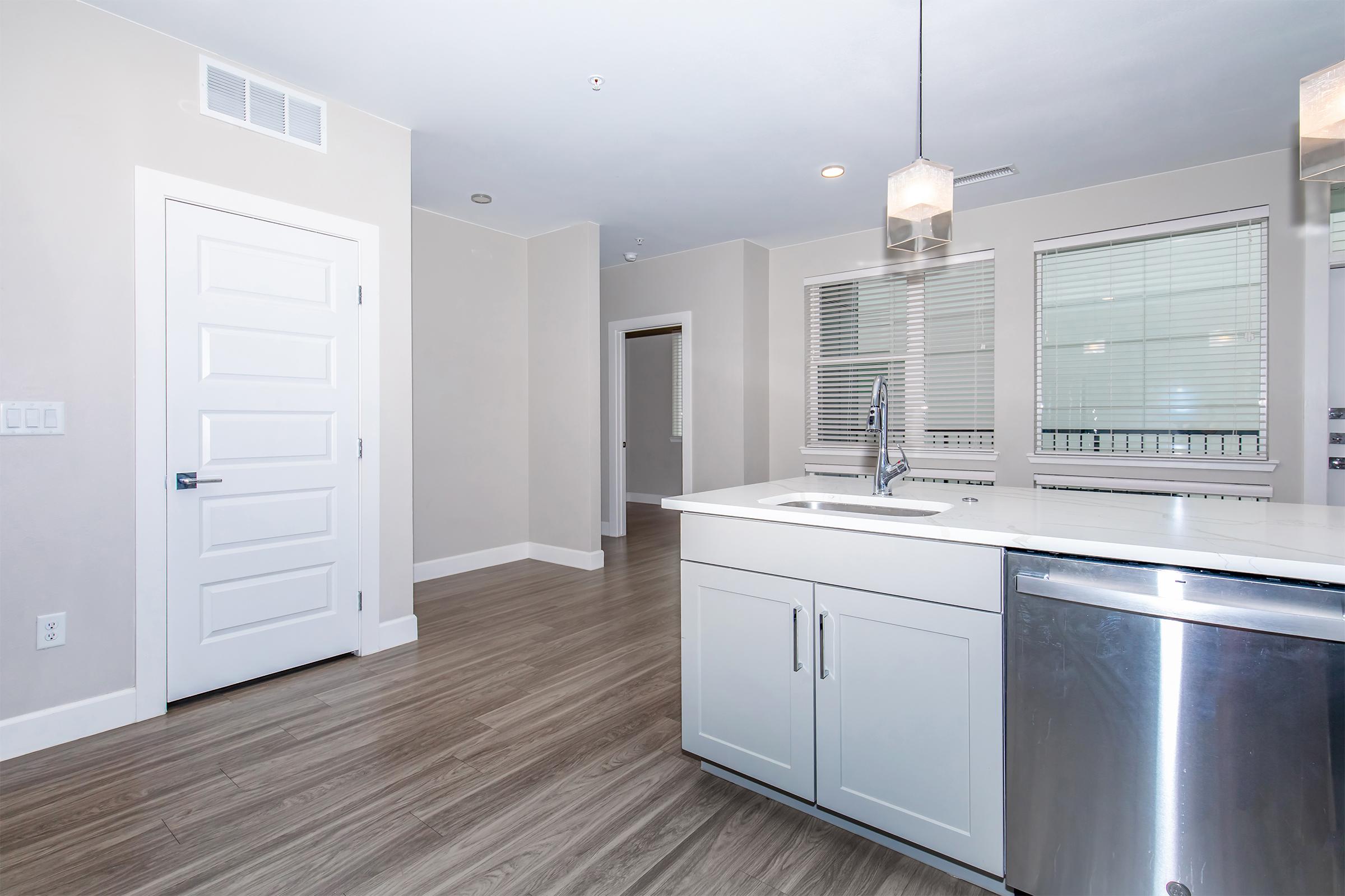 Modern kitchen area featuring a stainless steel sink, cabinetry, and a dishwasher. The space is well-lit with large windows and has light-colored walls and wood-style flooring. A door in the background leads to another room, and a second door on the left side opens to an adjacent area.
