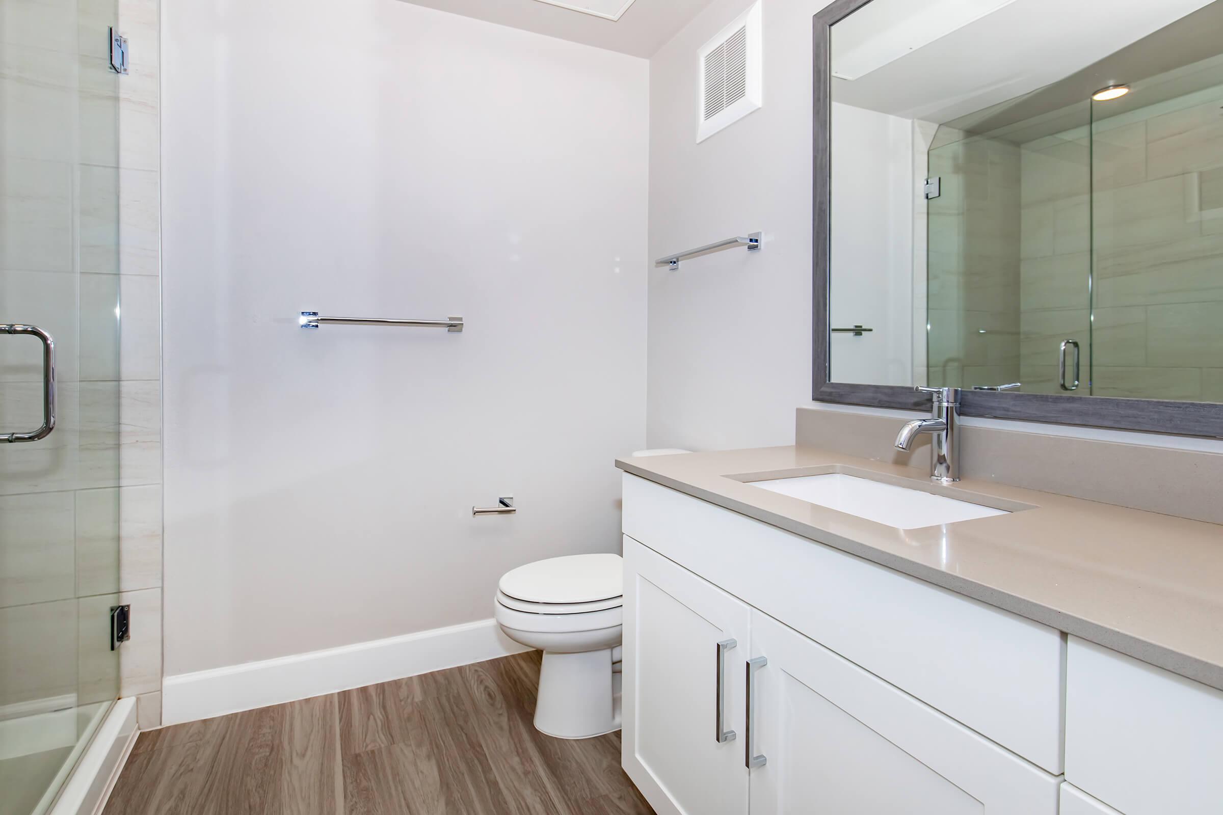 Modern bathroom featuring a glass shower stall, a white vanity with a countertop sink, a large mirror framed in dark wood, silver towel bars, and light-colored walls. The flooring is wood-like, and there is a toilet positioned against one wall. Natural light illuminates the space.
