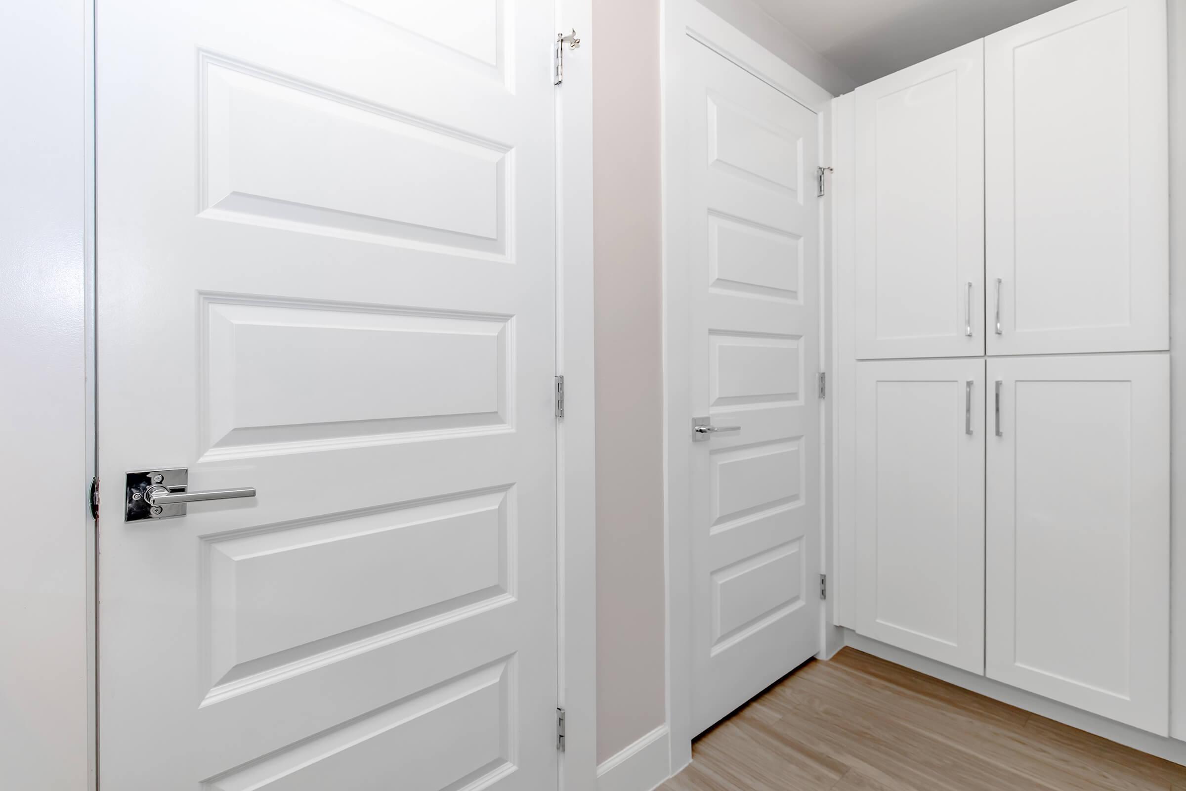 A bright hallway featuring two white doors with modern flat-panel design, one leading to a closet and the other to another room. Light wooden flooring complements the neutral color scheme of the walls, creating a clean and minimalistic aesthetic.
