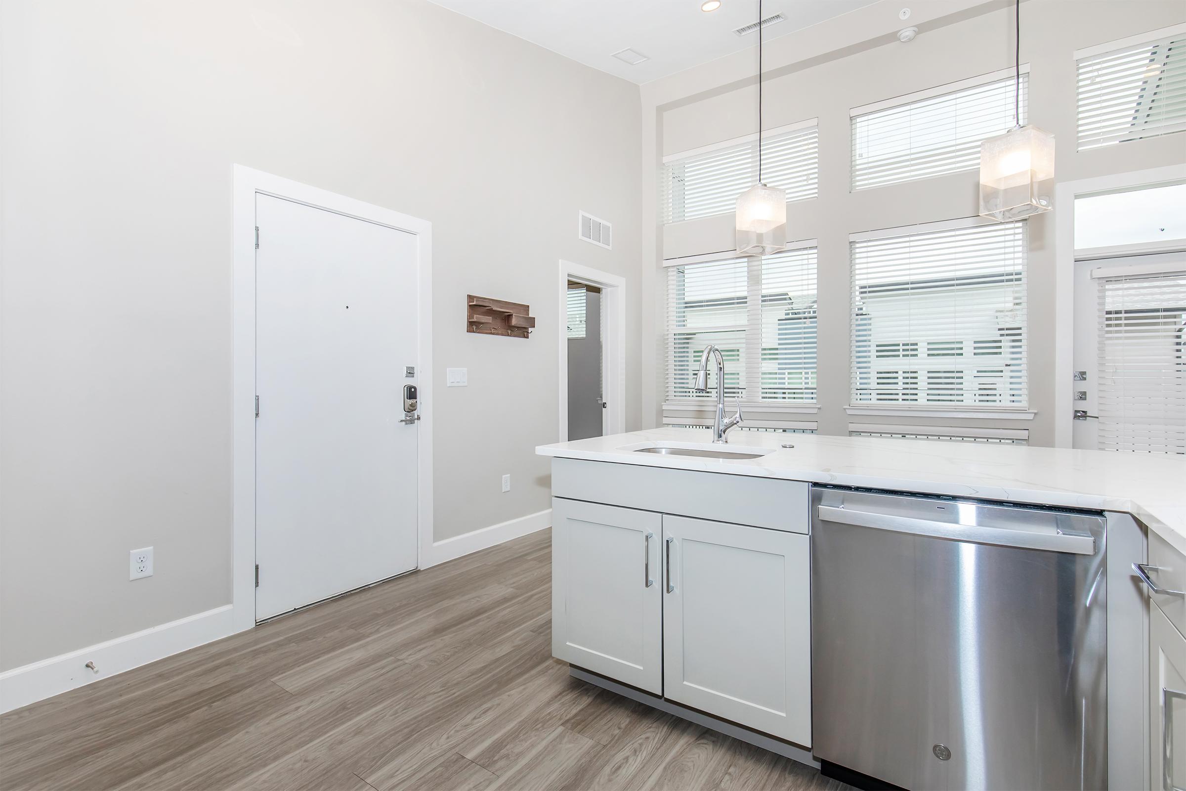 Modern kitchen space featuring white cabinetry, a stainless steel dishwasher, and a sink with a modern faucet. Large windows provide natural light, and the flooring is light wood. The entry door is visible to the left, along with a small wall-mounted shelf.