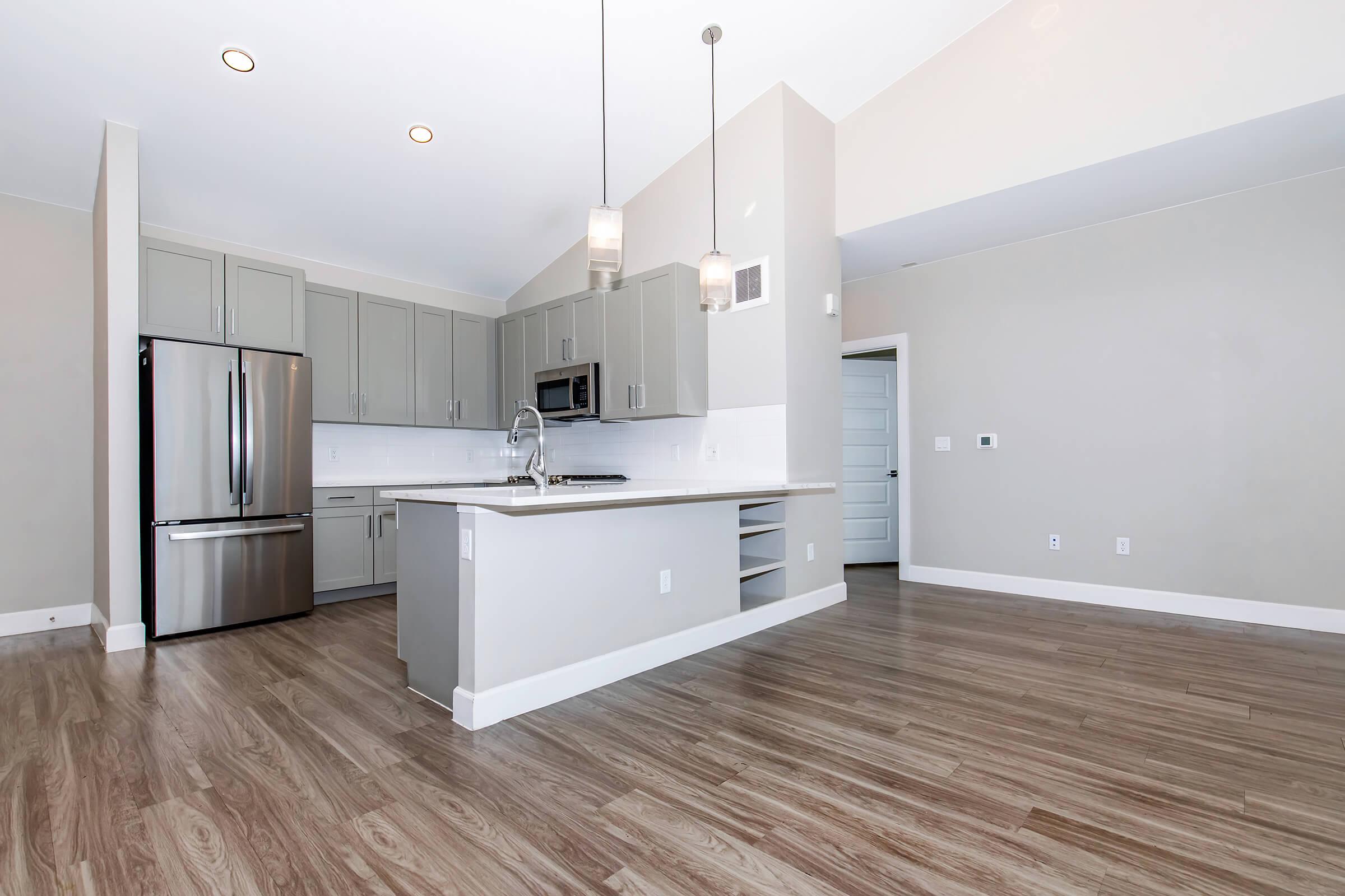 Modern kitchen and living area featuring light gray cabinetry, stainless steel appliances, and a spacious island with a countertop. The flooring is a warm wood tone, and the walls are painted in soft neutral colors. The space has pendant lighting and an open layout, creating a bright and inviting atmosphere.