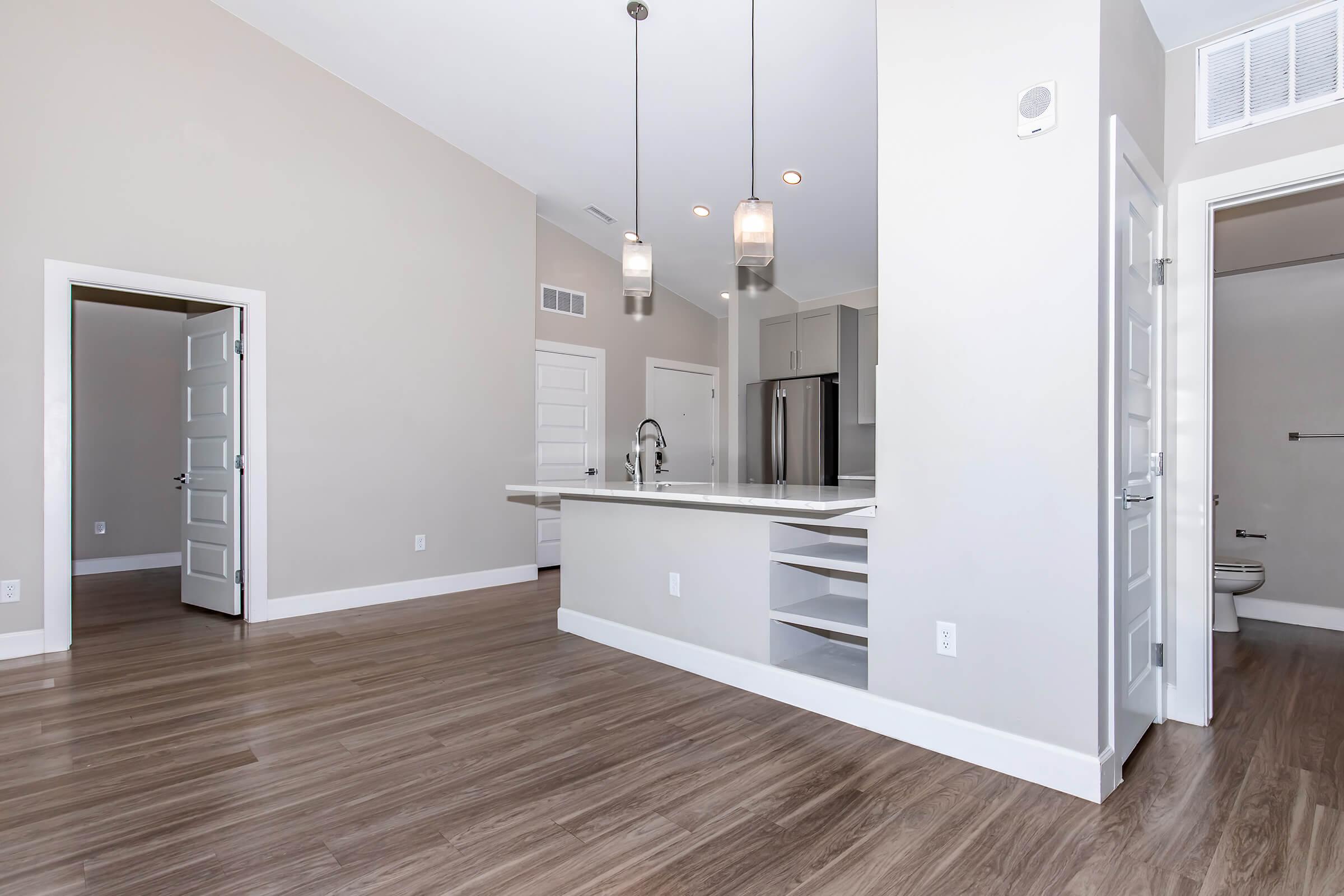 Modern apartment interior featuring an open floor plan with light-colored walls and hardwood flooring. The kitchen island is equipped with overhead pendant lights, and there are stainless steel appliances and cabinetry visible. There are doors leading to other rooms, contributing to a spacious feel.