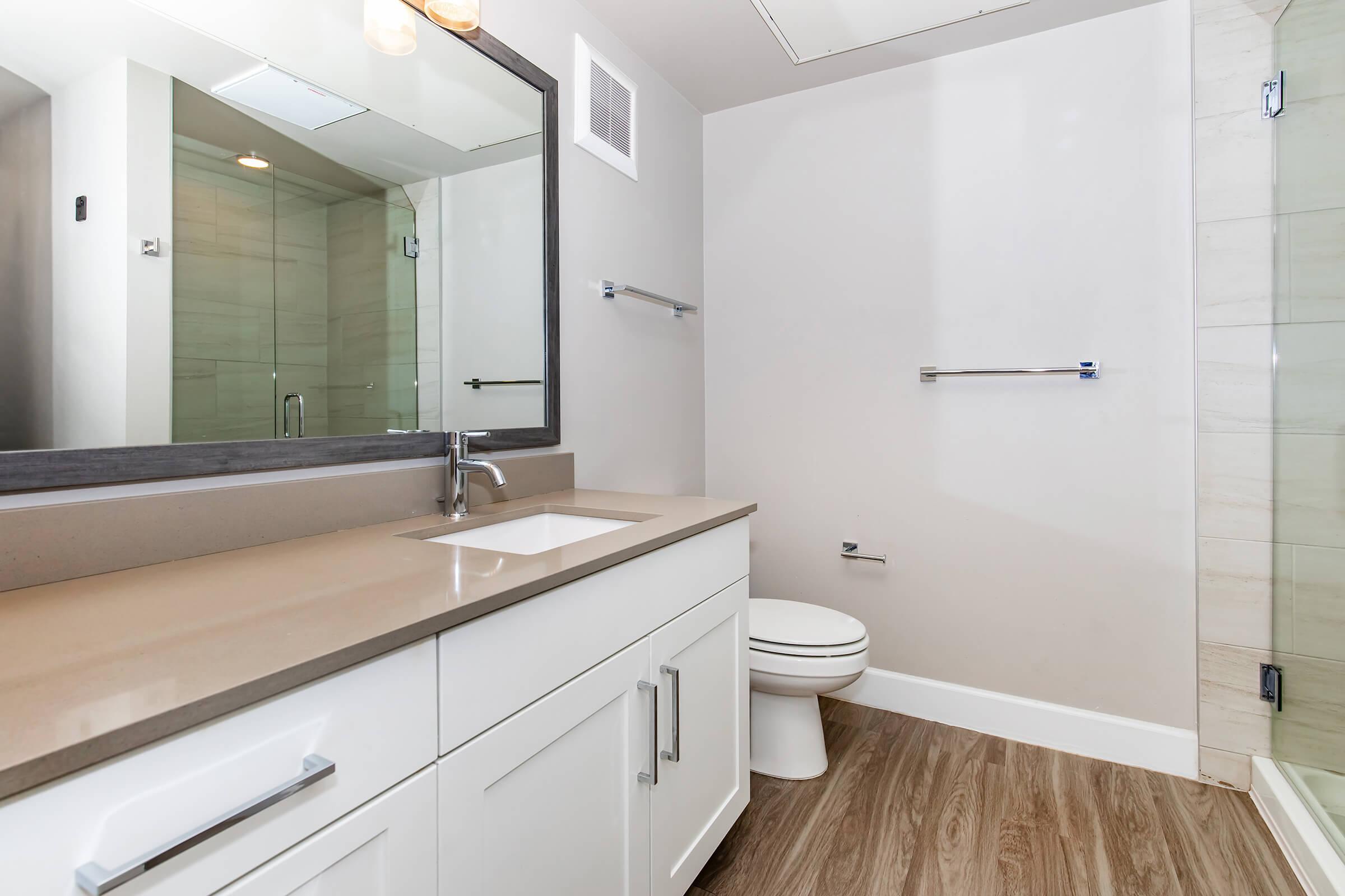 A modern bathroom featuring a stylish vanity with a sink, a large mirror above, and a toilet. The walls are light-colored with a neutral tile backsplash. The flooring is wood-like, and there is a glass shower enclosure visible in the background. Good lighting creates a bright and airy atmosphere.