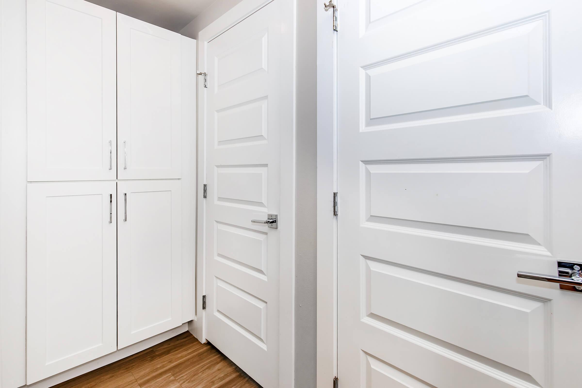 A hallway with two white doors and a white cabinet. The doors are paneled and have modern handles. The floor is wooden, adding a warm contrast to the white cabinetry and doors. The space appears clean and well-organized, with ample light illuminating the area.