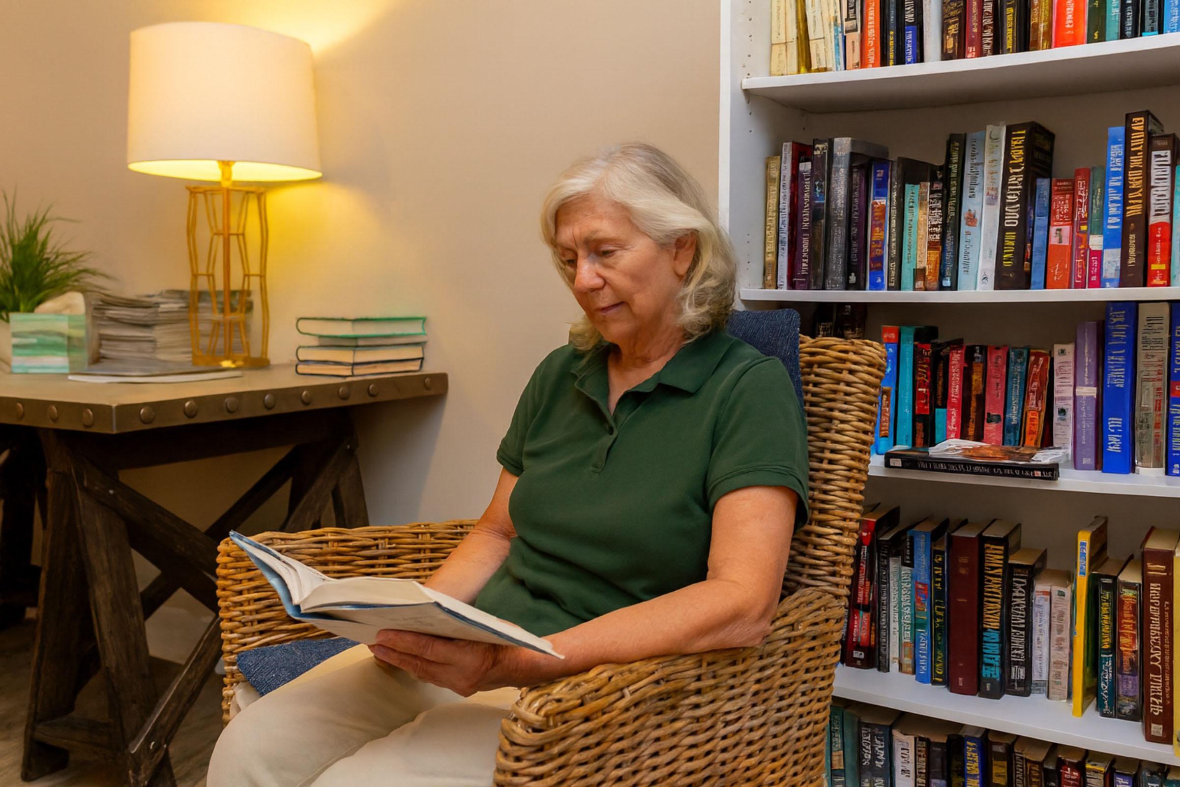 An older woman with gray hair sits in a woven chair, reading a book in a cozy room. A bookshelf filled with various books is in the background, alongside a small table with decorative items. The soft lamp beside her provides warm lighting, creating a comfortable atmosphere.