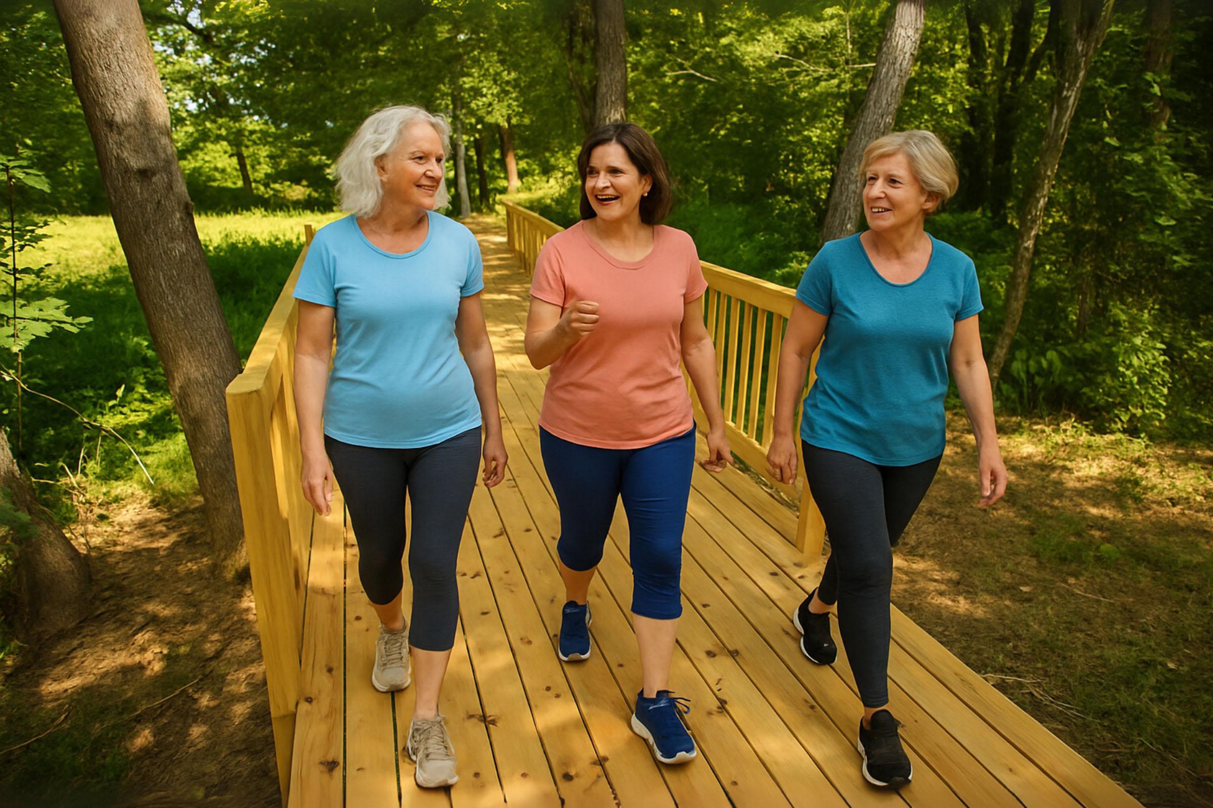 Three women of varying ages are walking together on a wooden path through a lush green forest. They are wearing colorful activewear and smiling while enjoying their walk in nature. The scene conveys a sense of friendship, fitness, and outdoor activity.