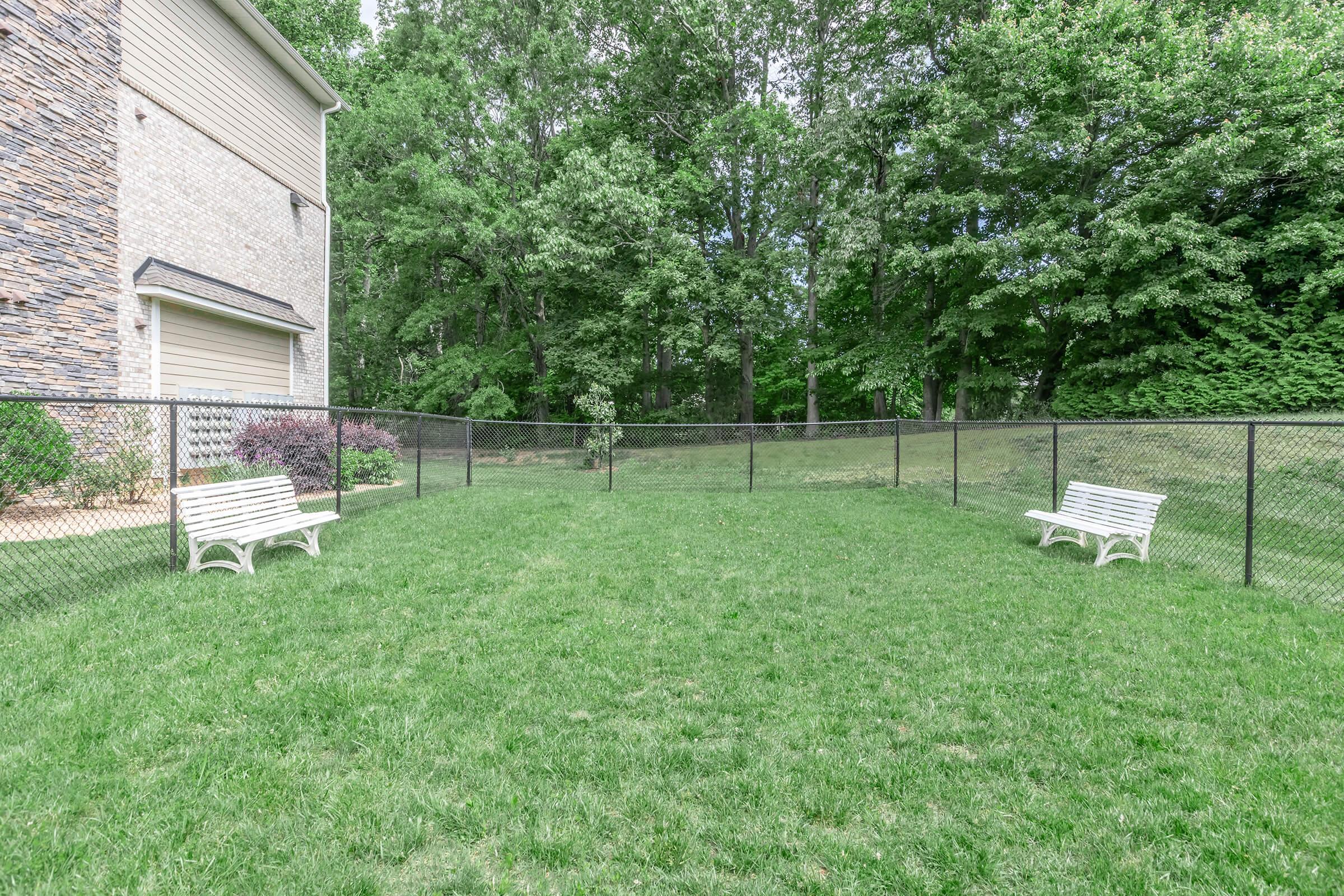 A residential backyard featuring a spacious, fenced grassy area with two white wooden benches, surrounded by lush greenery and trees. The setting provides a serene outdoor space, ideal for relaxation or social gatherings.