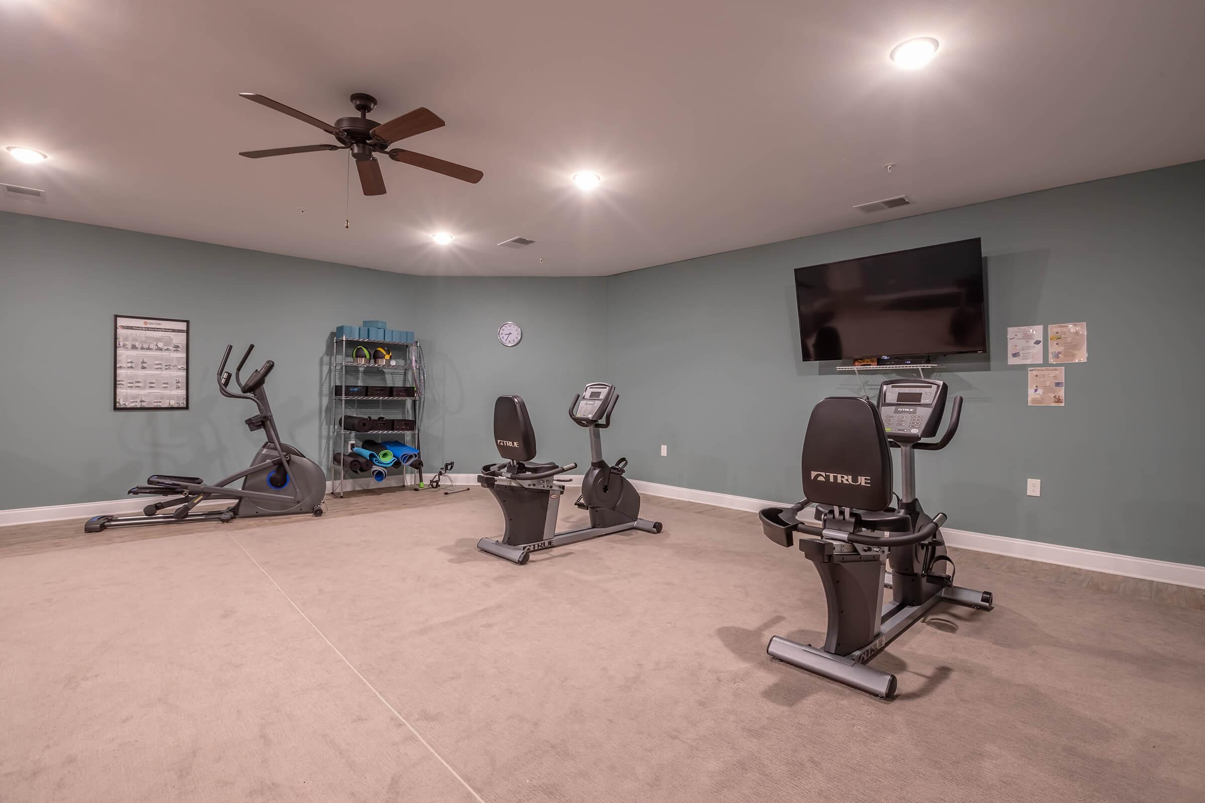 A spacious home gym featuring two stationary exercise bikes and an elliptical machine. The room has light gray walls, a ceiling fan, and a large flat-screen TV mounted on the wall. Shelves hold fitness equipment, and the floor is carpeted. Soft lighting creates a welcoming atmosphere for workouts.