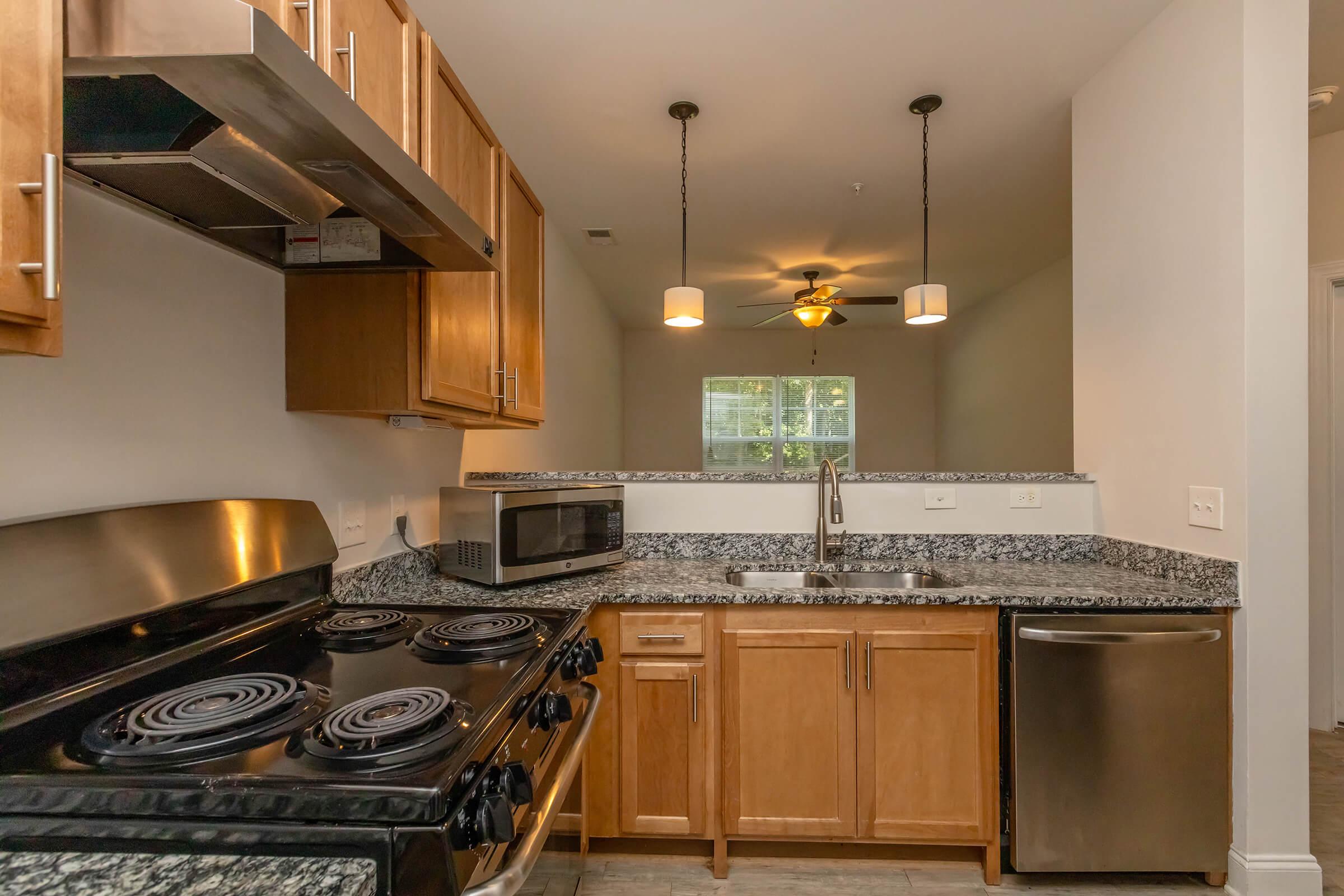 Modern kitchen featuring wooden cabinetry, a granite countertop, a stove with four burners, a microwave, and a stainless steel dishwasher. The space is well-lit with overhead lighting and has a view of a window in the adjoining room.