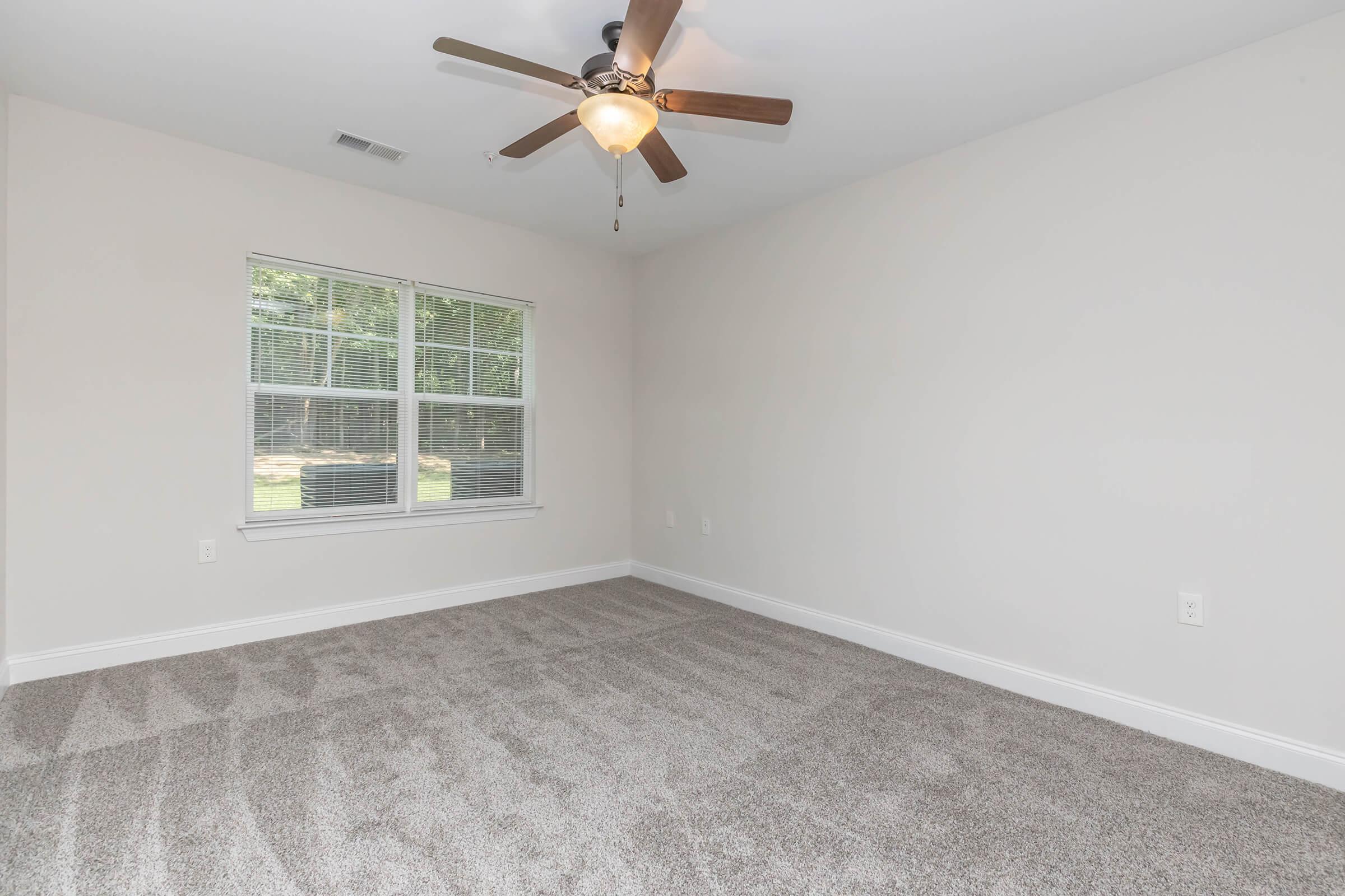 A spacious, empty room with light-colored walls and a ceiling fan. The floor is covered with soft, light gray carpet. A large window lets in natural light, offering a view of green outdoor space. The room is unfurnished, providing a blank canvas for decoration.