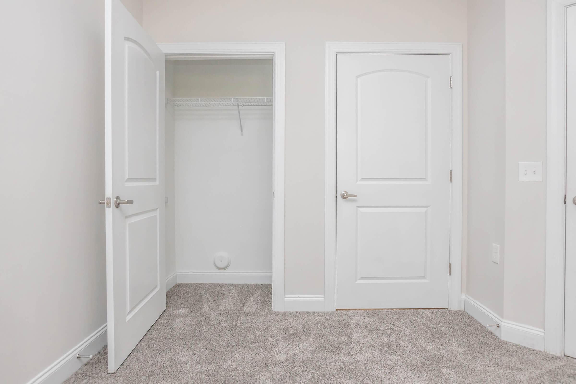 A spacious room featuring two white doors—one open to a closet with a hanging rod and shelf, and the other closed. The walls are painted in a light shade, and the floor is covered with soft, neutral-colored carpet. The overall ambiance is clean and airy, ideal for a bedroom or storage area.