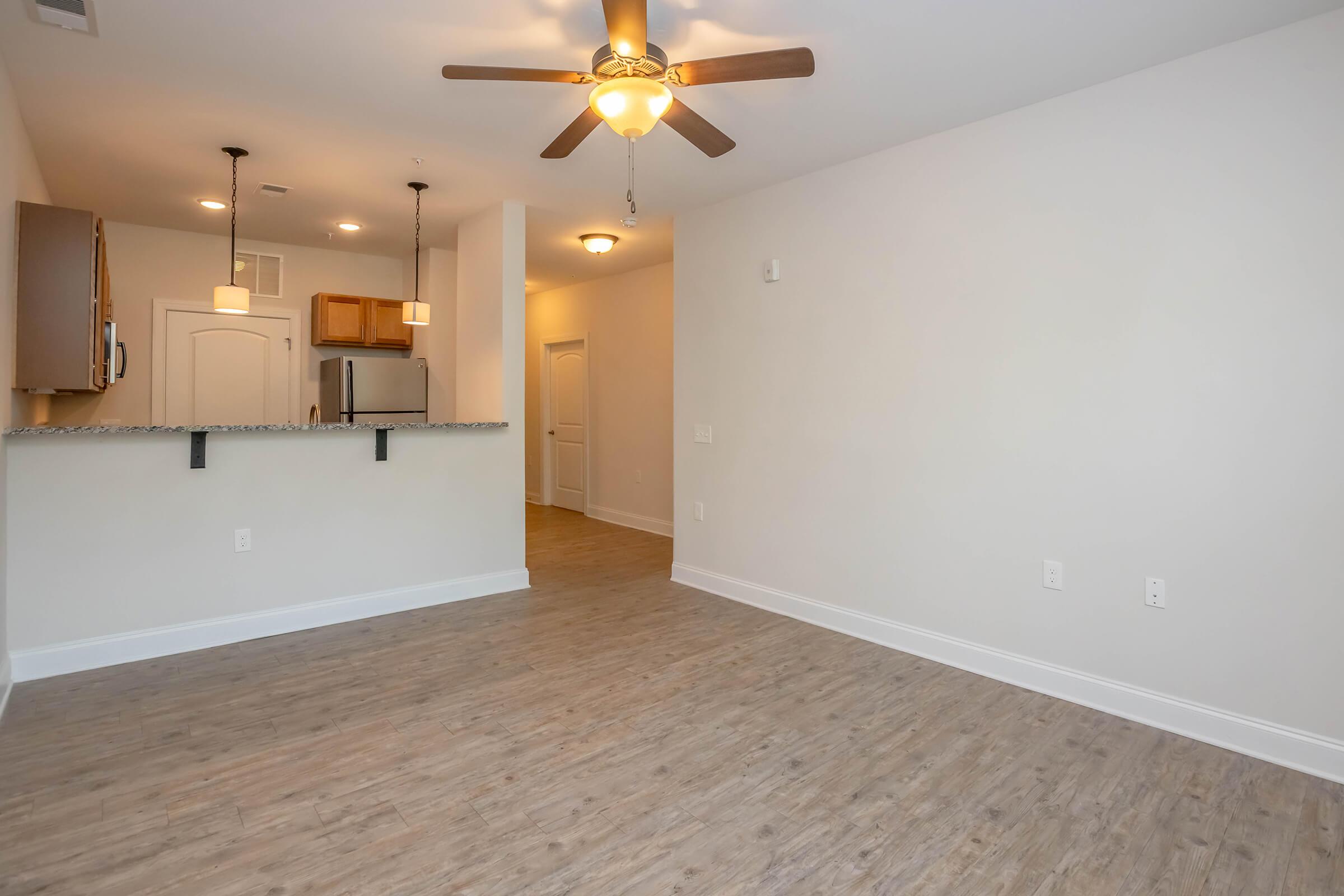 Bright, spacious living area with wooden flooring, a ceiling fan, and a kitchenette featuring granite countertops and wooden cabinetry. An open layout connects the kitchen to the living space, creating a welcoming atmosphere. Soft lighting adds warmth to the neutral-colored walls.