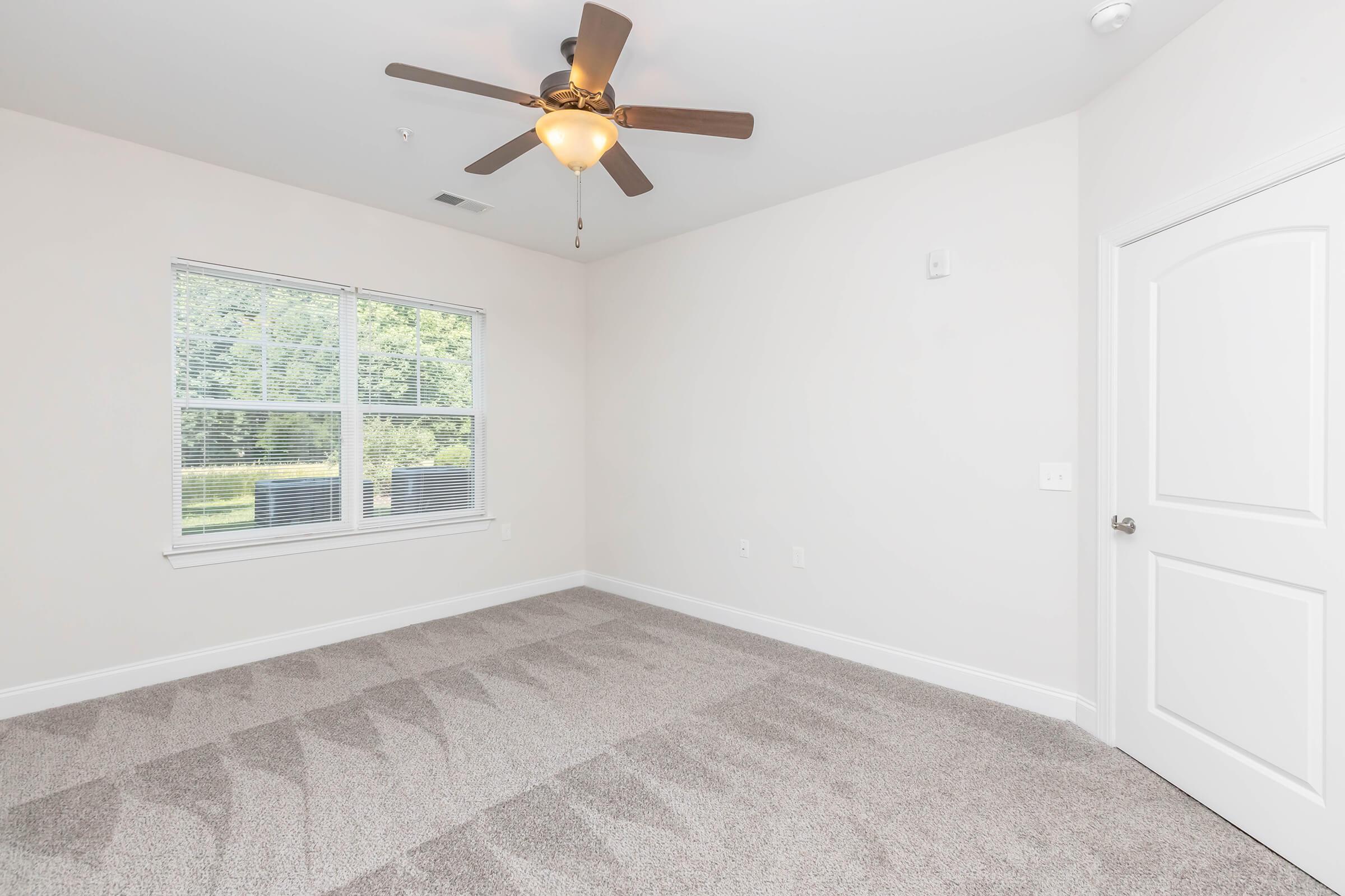 Empty bedroom featuring light gray carpet, a ceiling fan with a light fixture, and a large window allowing natural light. The walls are painted in a soft shade, with a white door visible on the right. The room has no furniture, creating a spacious and clean appearance.