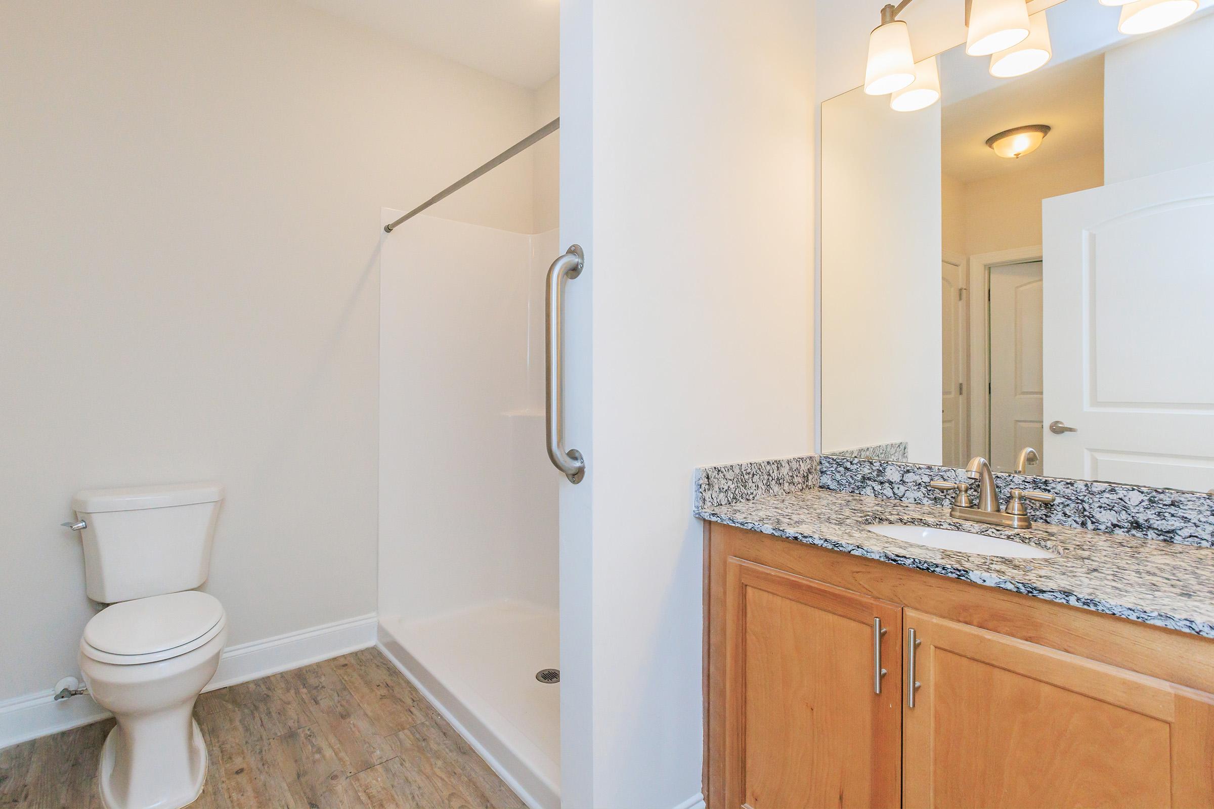 A clean and modern bathroom featuring a white shower stall with a grab bar, a toilet, and a wooden vanity with a granite countertop. The vanity includes a sink and mirror, illuminated by three overhead lights. The flooring is wooden, and the walls are painted white, creating a bright and spacious atmosphere.