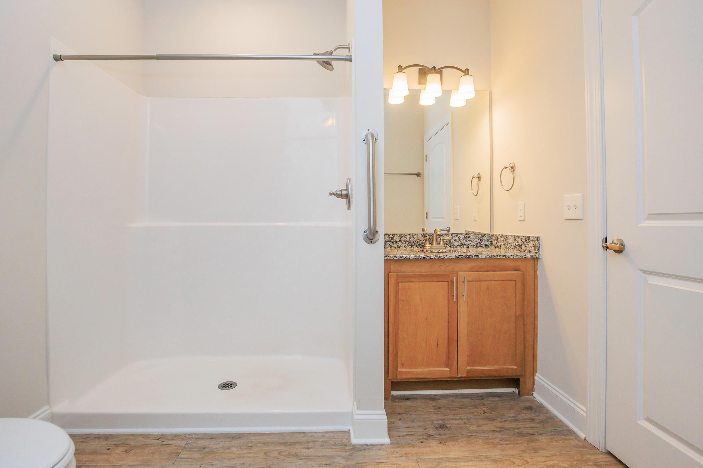 A modern bathroom featuring a walk-in shower with a sliding glass door, a granite countertop vanity with a mirror, and wooden cabinetry. The floor has a wood-like finish, and there is a toilet visible in the corner. The lighting is provided by a set of three wall-mounted lights.