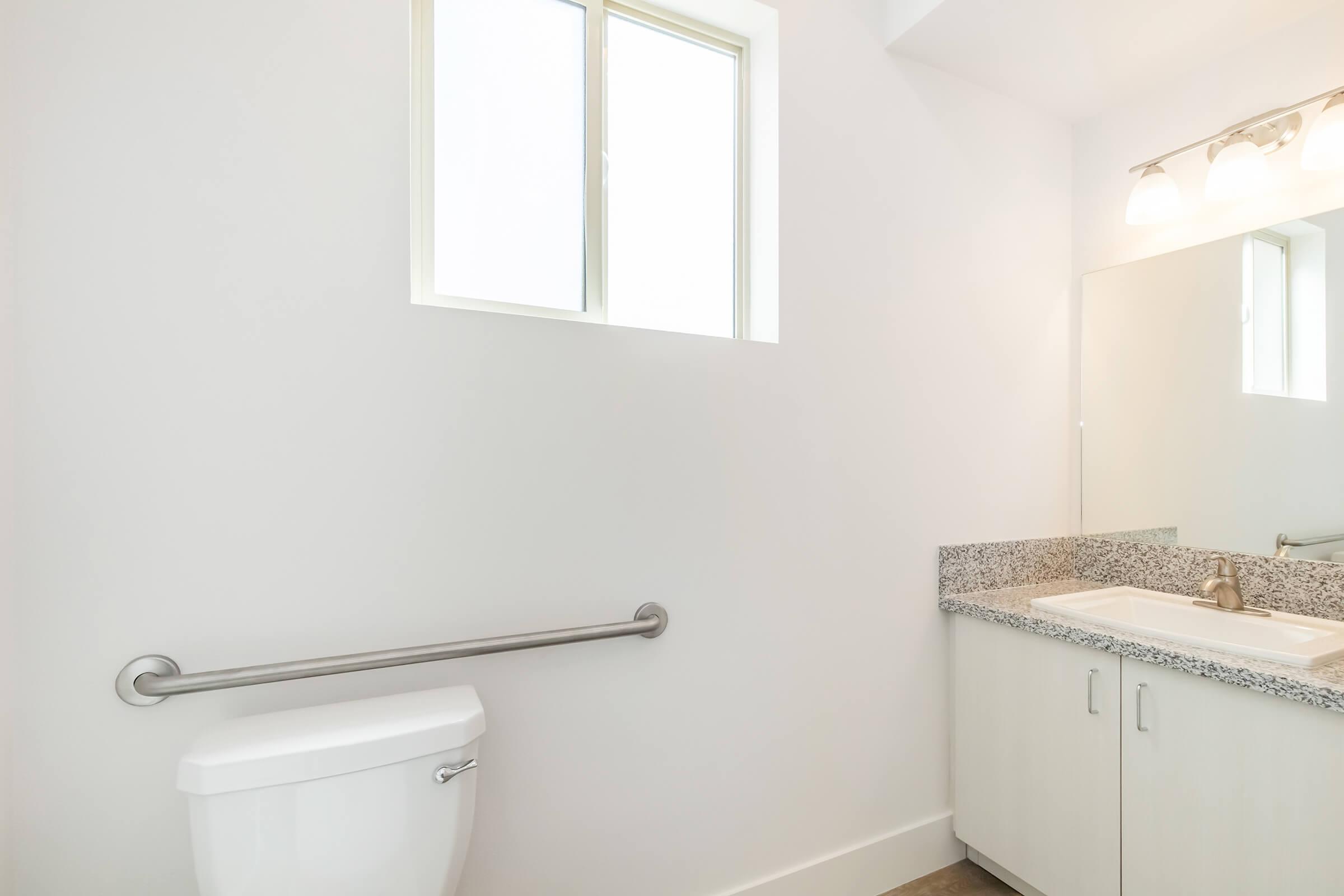 A clean and modern bathroom interior featuring a white toilet, a countertop with a sink, and a mirror. The walls are light-colored, and there is a window allowing natural light to enter. Grab bars are installed next to the toilet, enhancing accessibility.