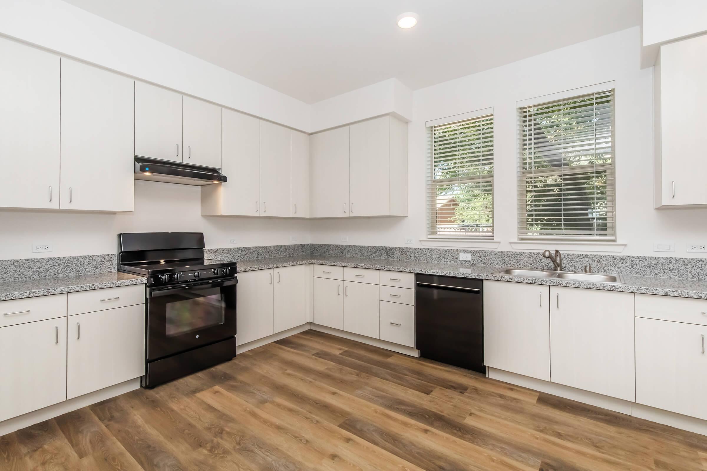 Modern kitchen featuring light-colored cabinetry, granite countertops, and stainless steel appliances. Includes a gas stove, dishwasher, and ample natural light from two windows. The flooring is a warm wooden laminate, providing a cozy yet contemporary atmosphere.