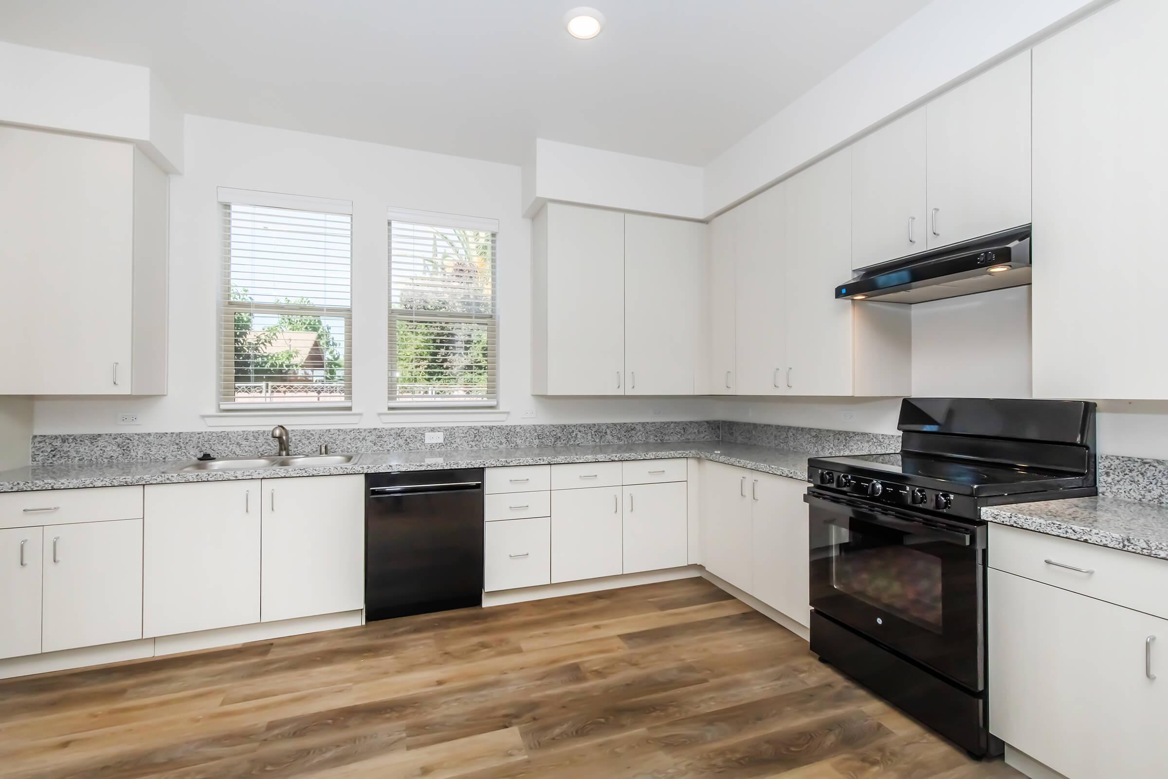 A modern kitchen featuring white cabinetry, stainless steel appliances, a black oven, and a black dishwasher. The counter is made of gray granite. There are two windows with blinds allowing natural light, and the floor has light-colored wooden planks.