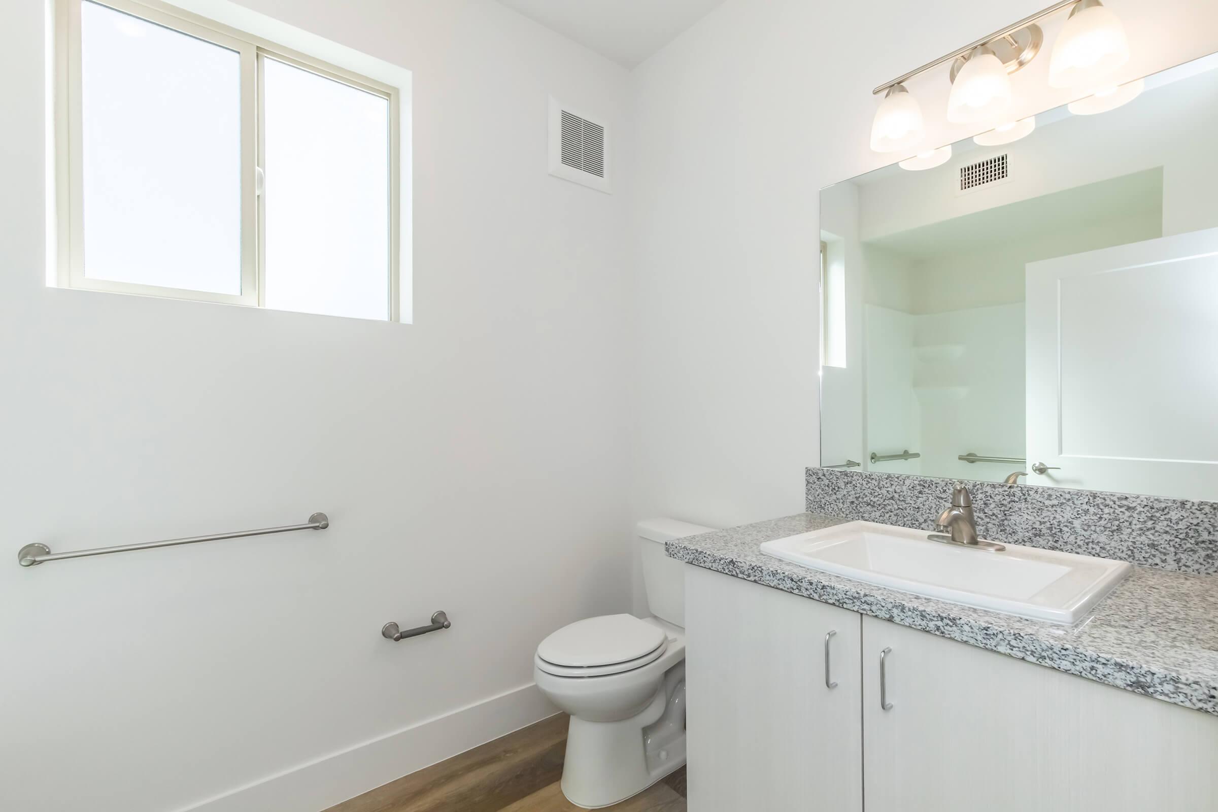 A clean, modern bathroom featuring a white toilet, a sleek sink with a granite countertop, and a large mirror. There is a window providing natural light, and safety bars are installed on the wall. The walls are painted white, and the flooring is light wood, creating a bright and airy atmosphere.