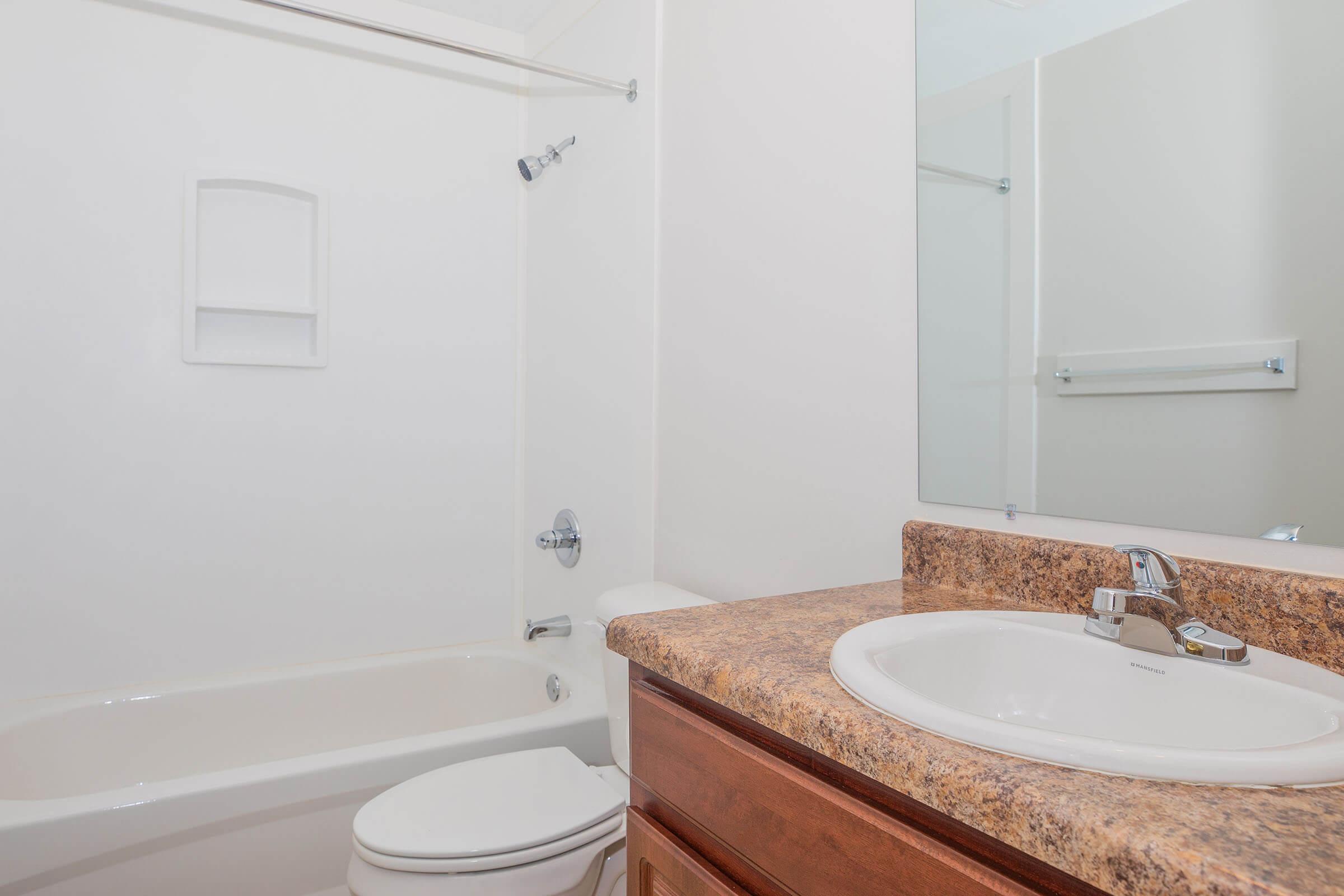 A clean, modern bathroom featuring a bathtub with a showerhead, a white toilet, a granite countertop with a sink, and a large mirror. The walls are painted white, and there is a small shelf above the toilet for storage.