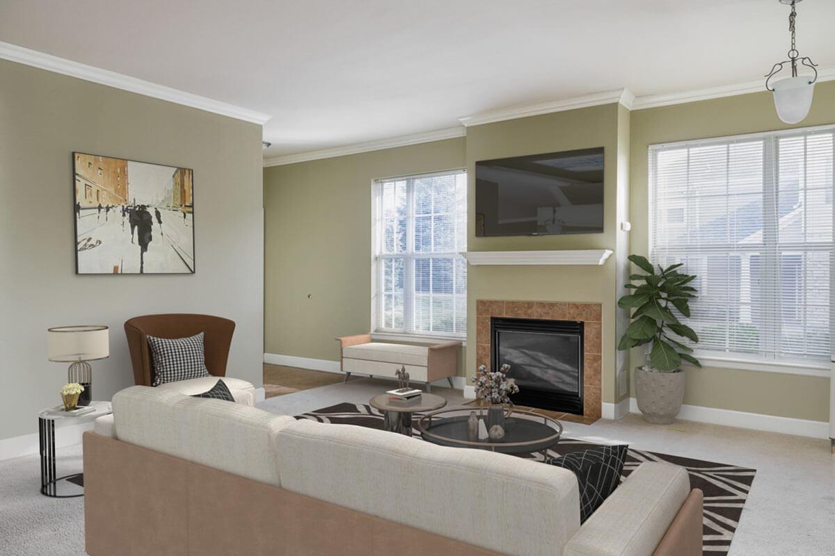 a living room filled with furniture and a large window