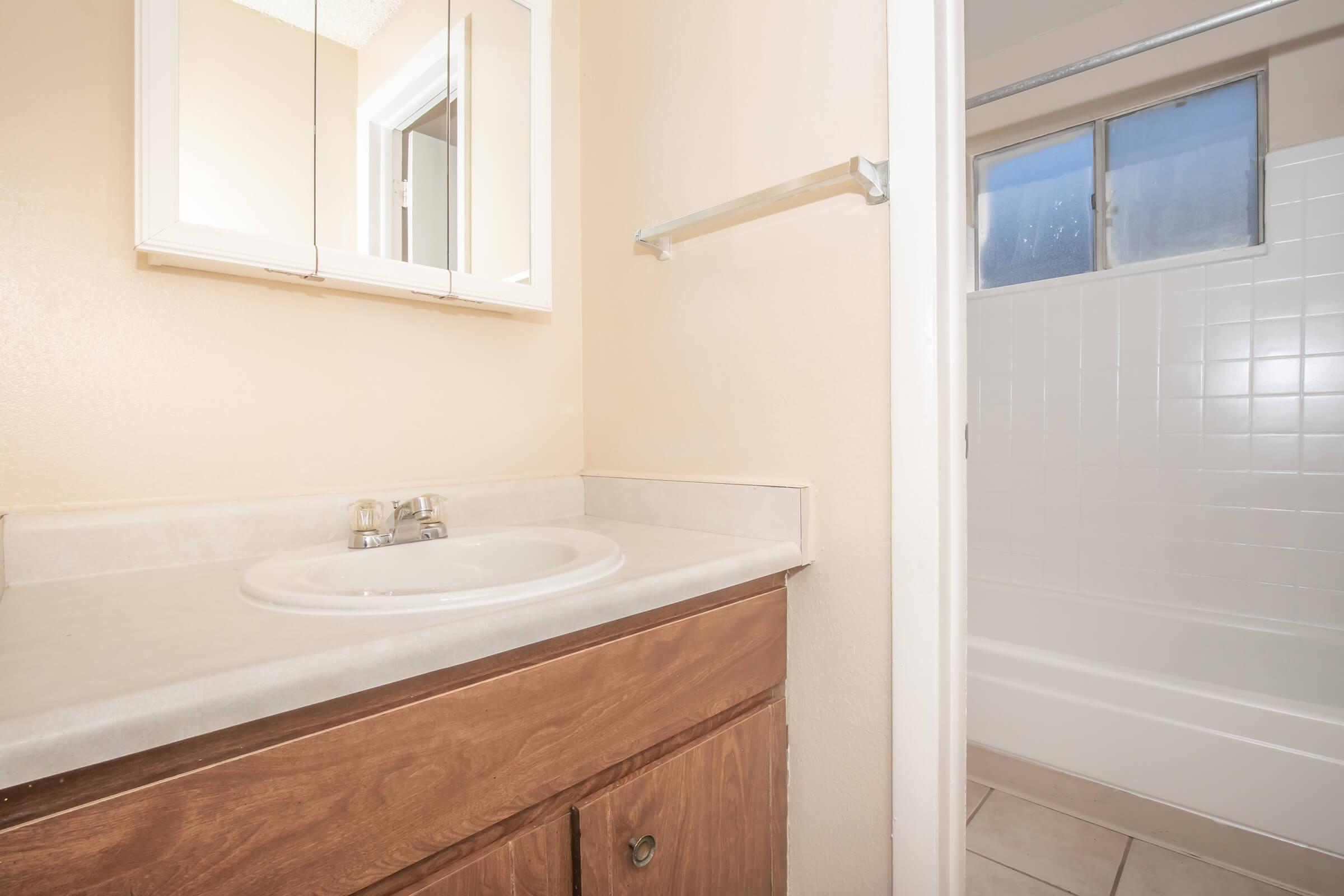 a white sink sitting under a window