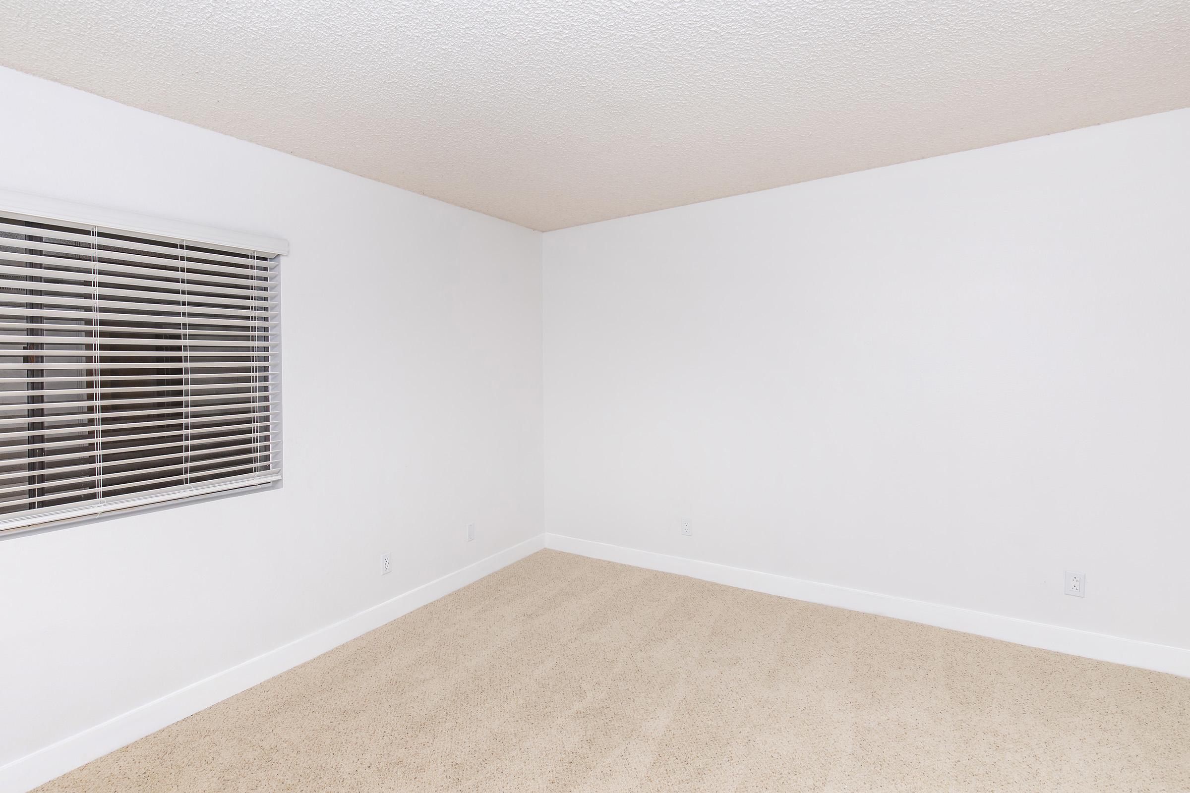 A spacious, empty room with light-colored carpet and white walls. A window with horizontal blinds allows natural light to enter, creating a bright and airy atmosphere. The room is unfurnished, providing a blank canvas for decoration or design.