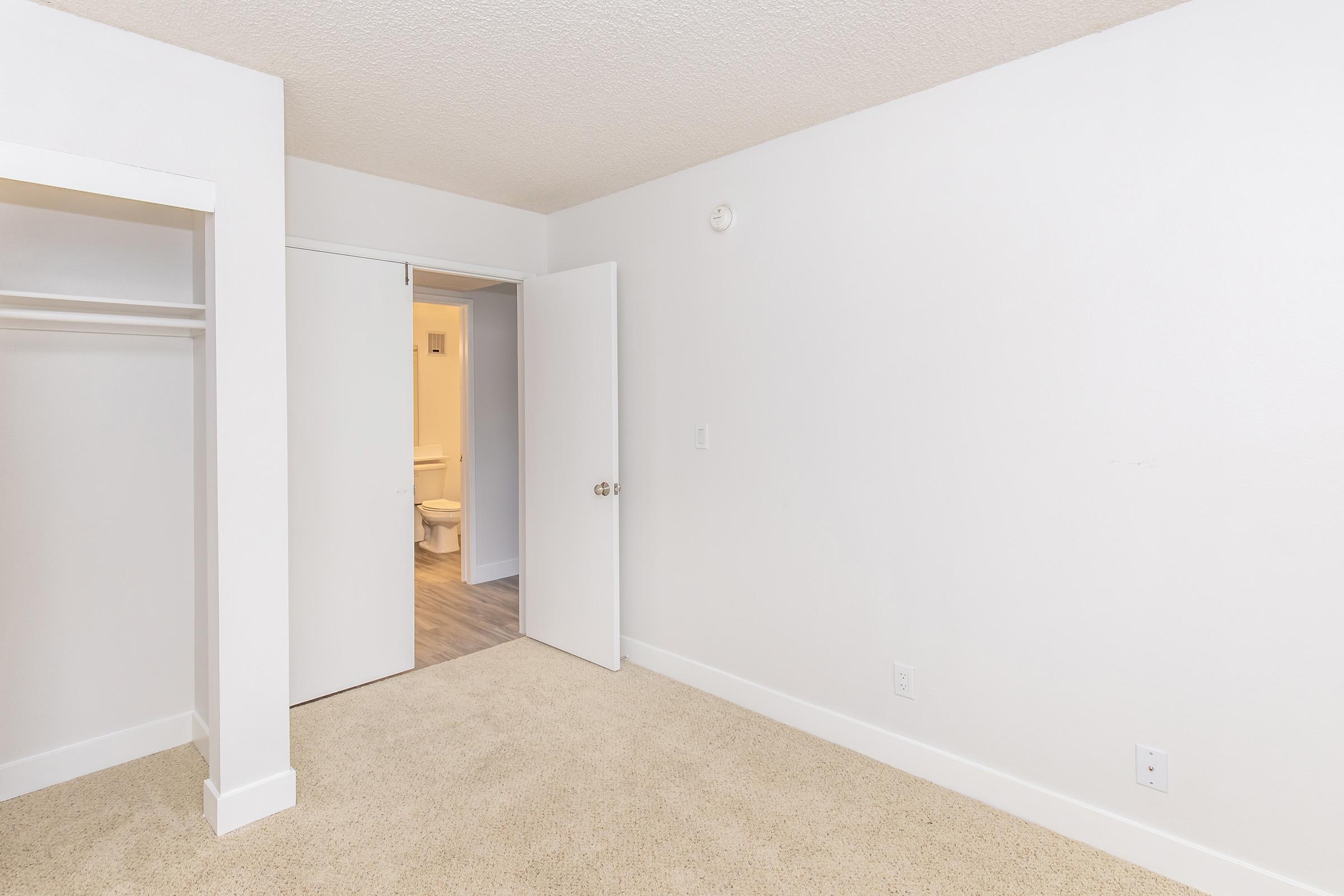 A spacious, empty room with light beige carpet, white walls, and a closed door leading to a bathroom. There is a closet on the left side and a door slightly ajar in the background, revealing a bright, clean bathroom. The overall atmosphere is bright and airy, ideal for various uses or furnishings.