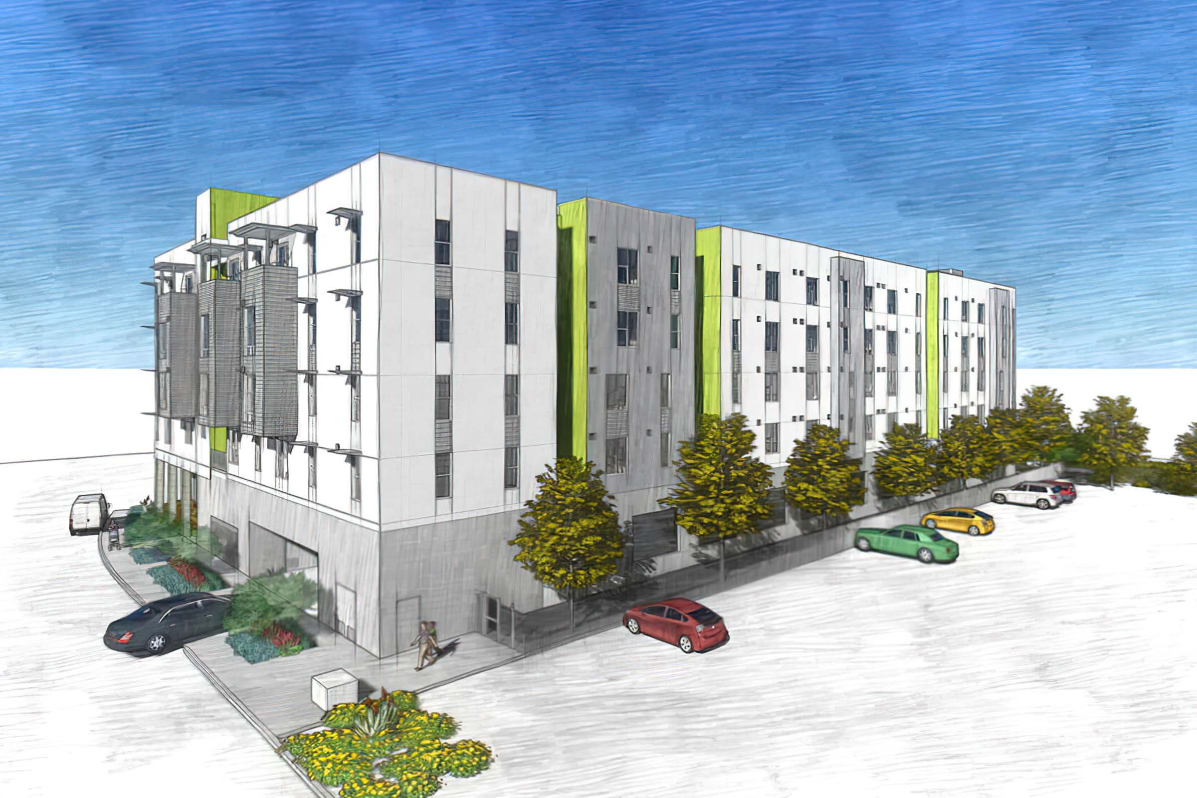 A digital rendering of a modern multi-story building featuring a mixture of white and green exterior panels.