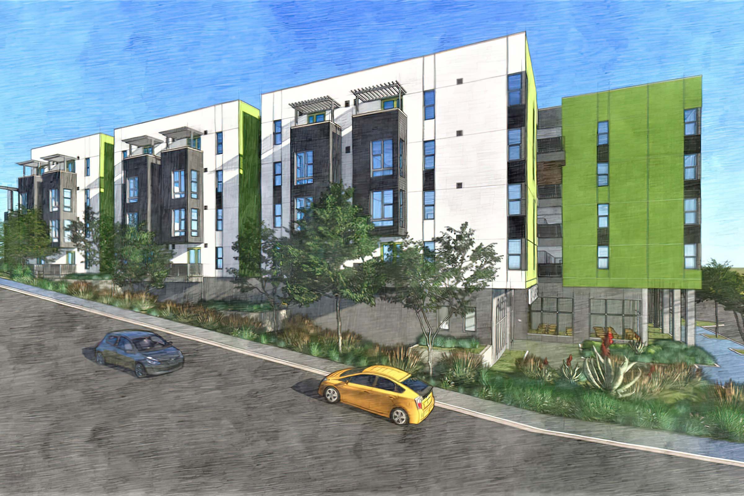 Rendering of a modern multi-story residential building featuring a mix of white and green facades.
