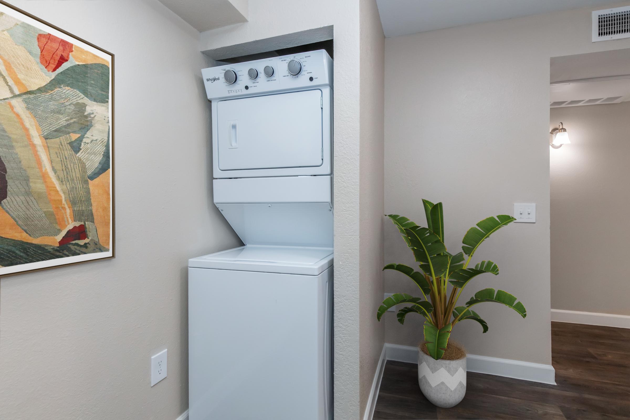 A compact laundry unit is stacked in a corner of a modern interior space. Next to it, a potted plant adds a touch of greenery, while abstract art hangs on the wall, enhancing the room's aesthetic. The setting features neutral wall colors and hardwood flooring, creating a cozy atmosphere.