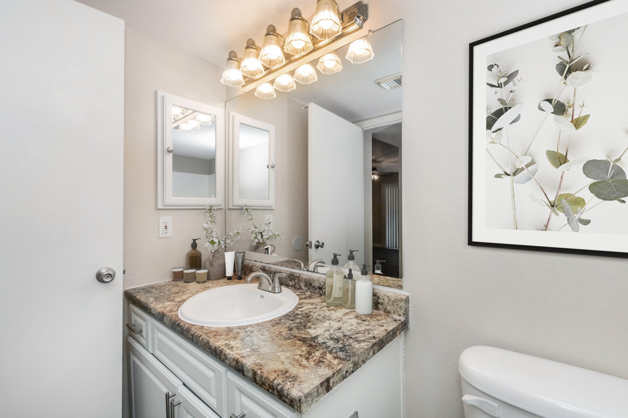 A modern bathroom featuring a double sink vanity with a marble countertop, a large mirror, and stylish lighting above. There are two closed doors in the background, and a framed botanical artwork on the wall adds a decorative touch. The overall color scheme is neutral and contemporary.