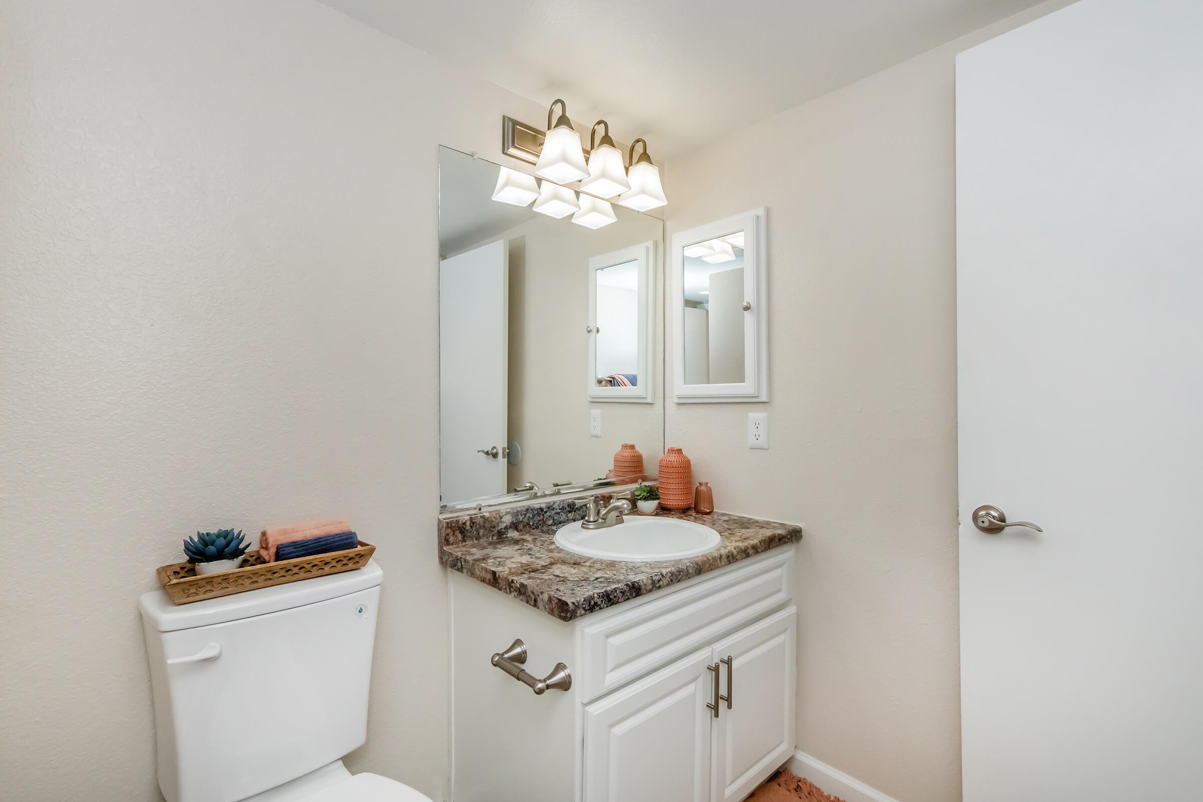 A well-lit bathroom featuring a white cabinet with a marble countertop, a modern sink, and a mirror. There are decorative items on the counter, including two terracotta pots and a small plant. A toilet is positioned to the left, and there is a white door leading to another area.