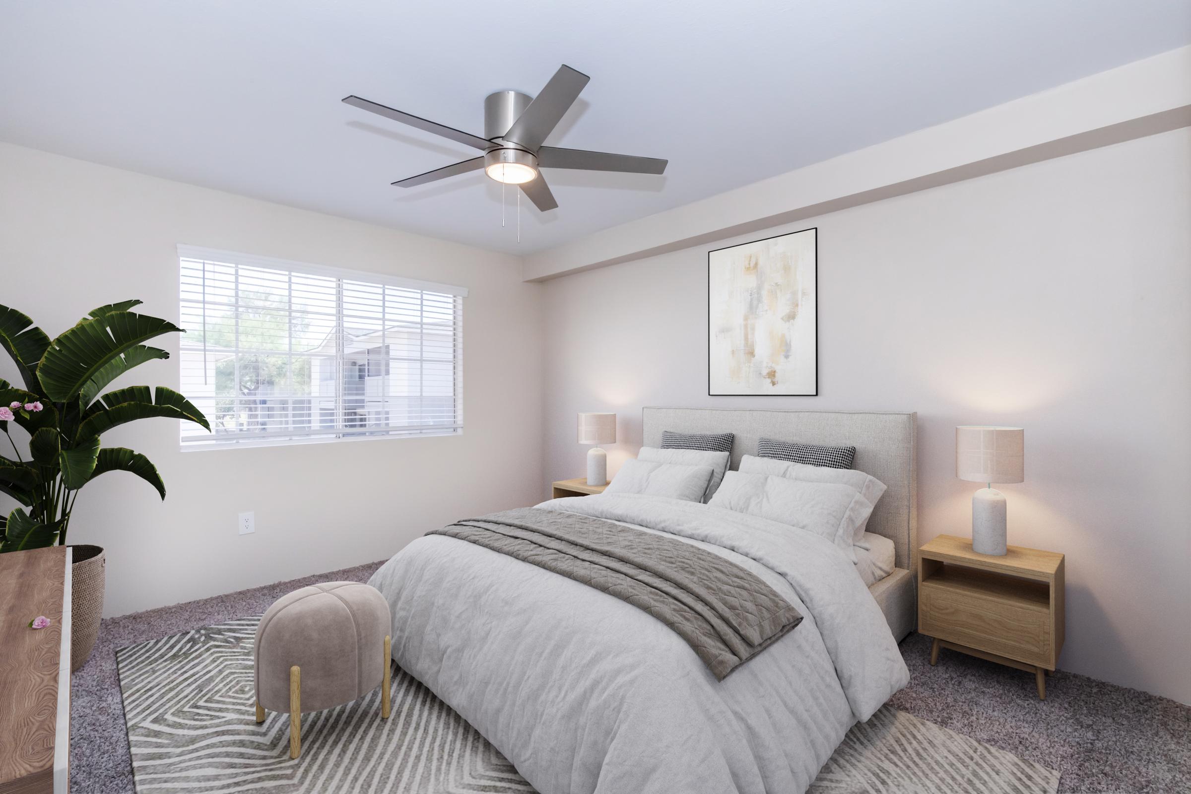 A cozy bedroom featuring a large bed with gray bedding, two bedside tables with lamps, and a light-colored wall. A fan is mounted on the ceiling, and natural light streams in through a window with white blinds. A plant and an area rug add warmth and style to the space.
