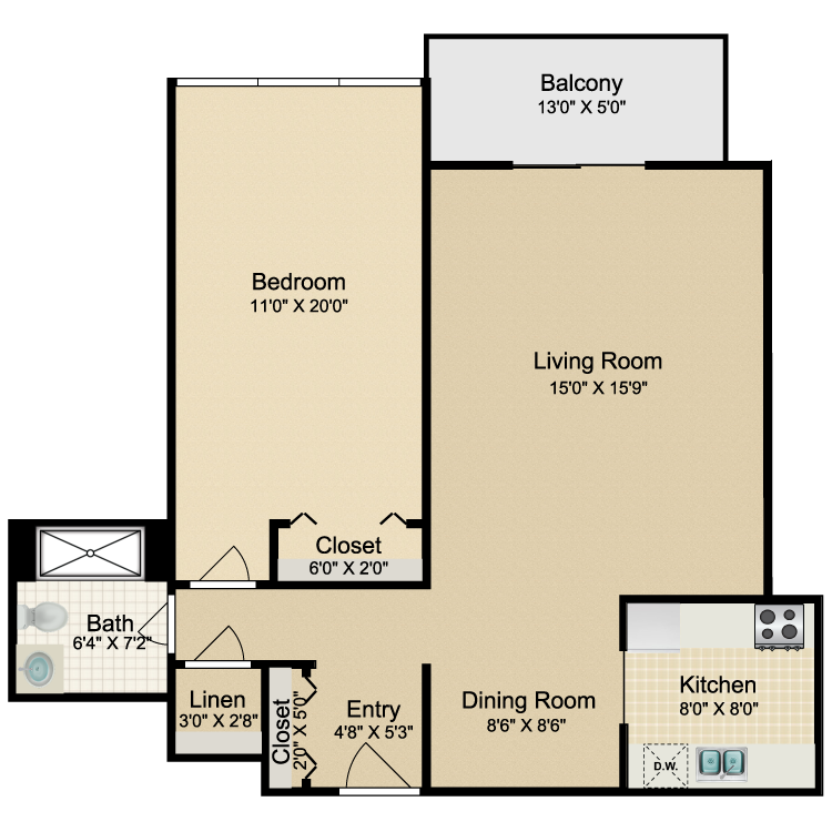 Floor plan image of 1 Bed 1 Bath Modified