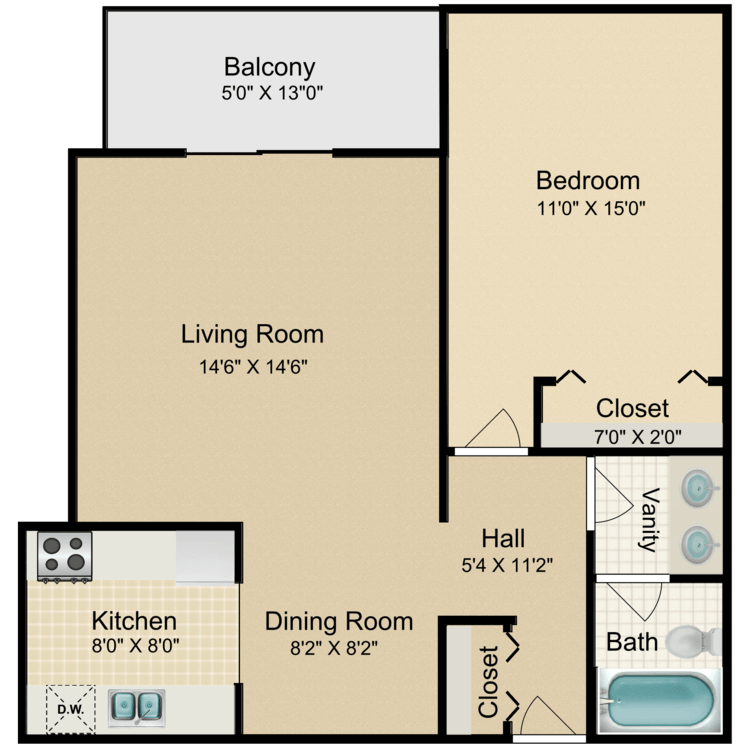Floor plan image of 1 Bed 1 Bath Standard