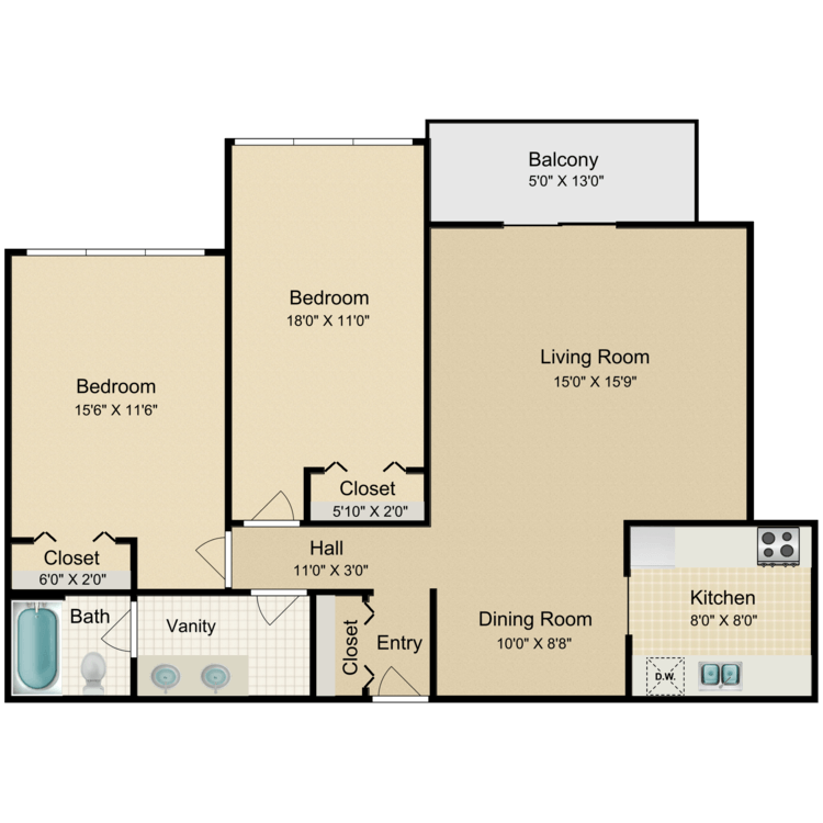 Floor plan image of 2 Bed 1 Bath Center