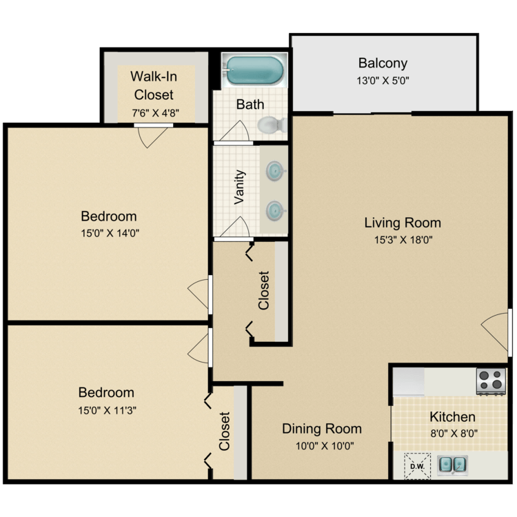 Floor plan image of 2 Bed 1 Bath Corner