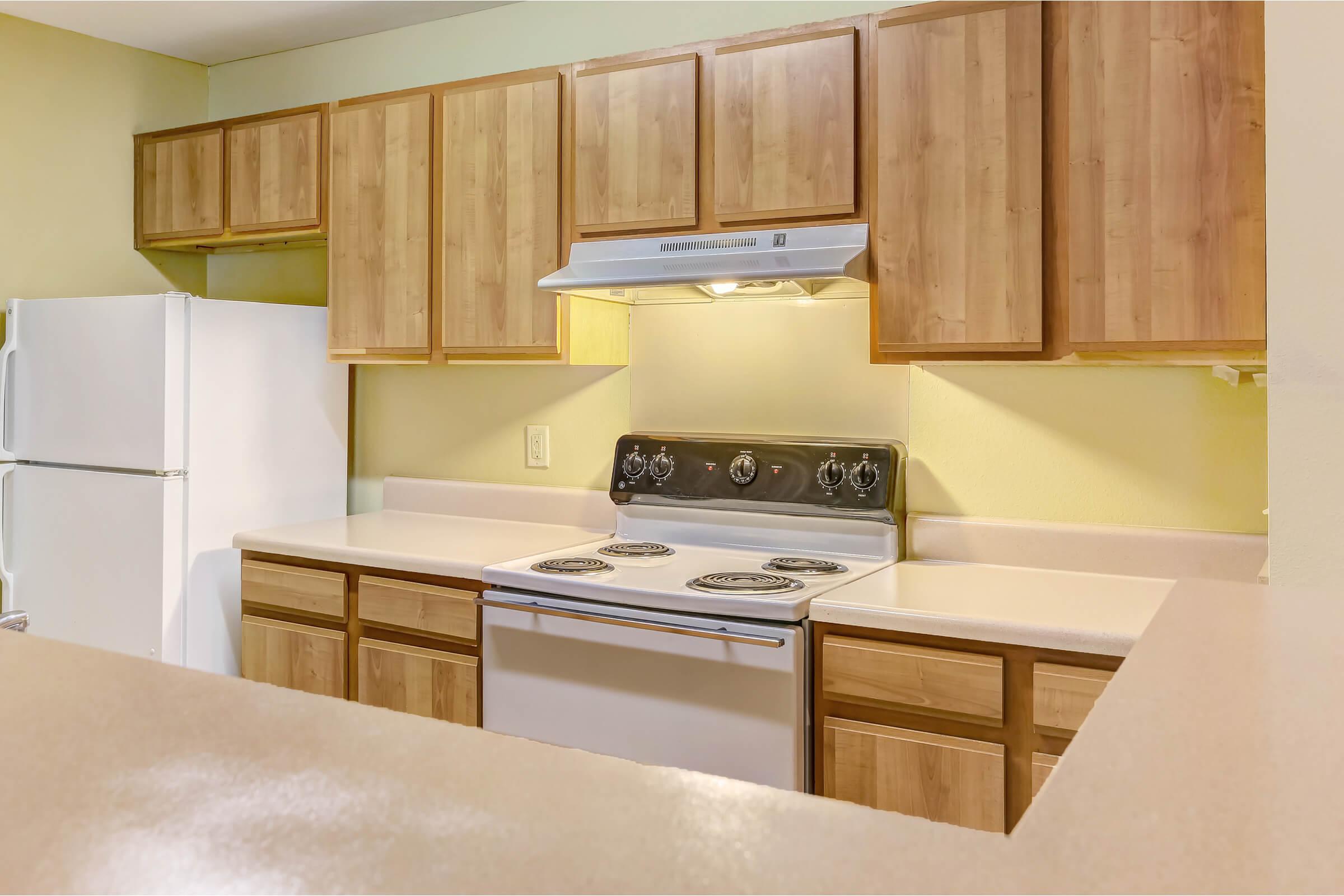 a kitchen with a stove and a refrigerator