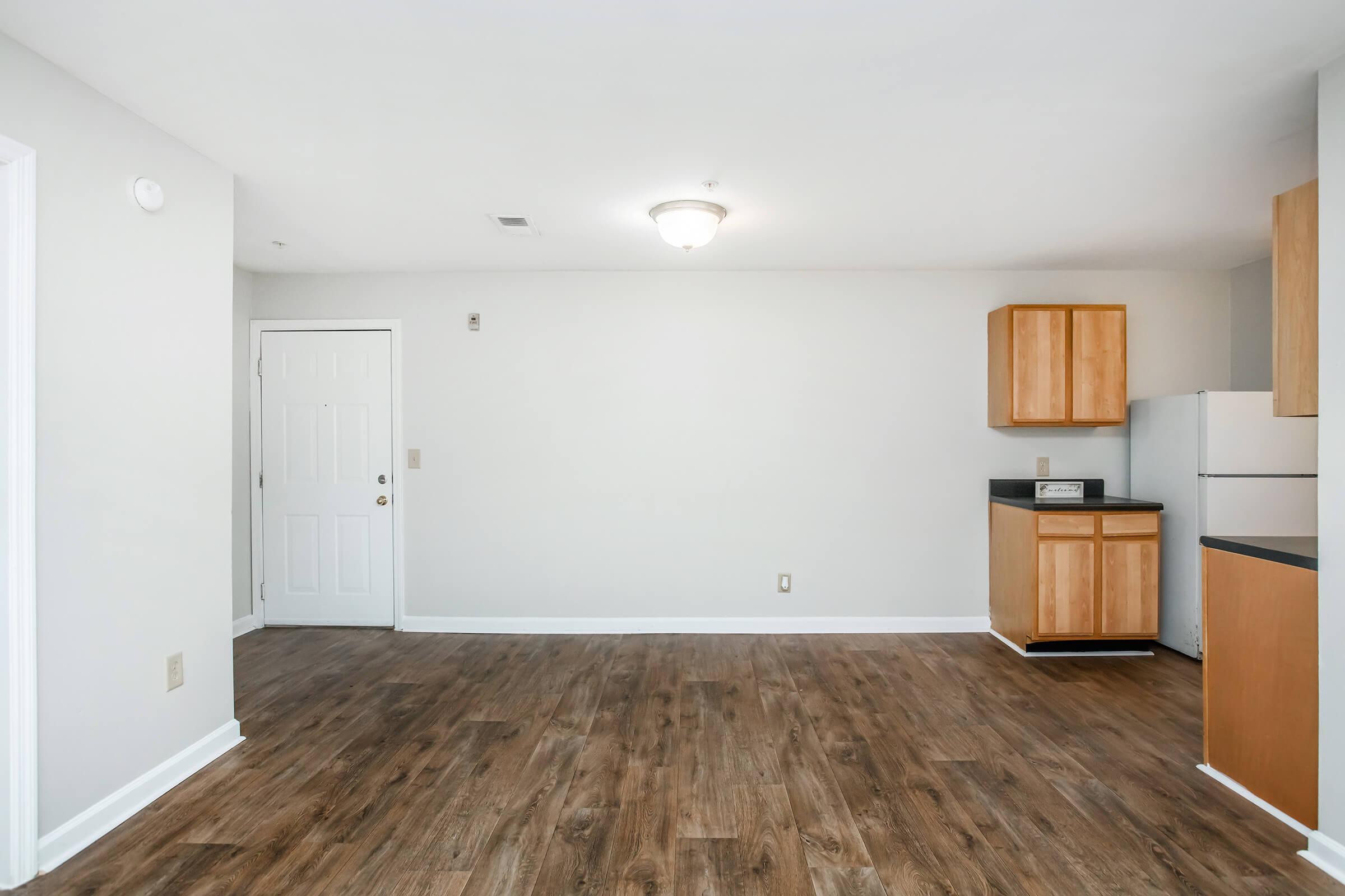 Spacious empty living area featuring light-colored walls and wooden flooring. A closed door leads outside on the left, while a kitchenette with wooden cabinets and black countertop is on the right. The room is well-lit by a ceiling fixture, creating a bright and inviting atmosphere.