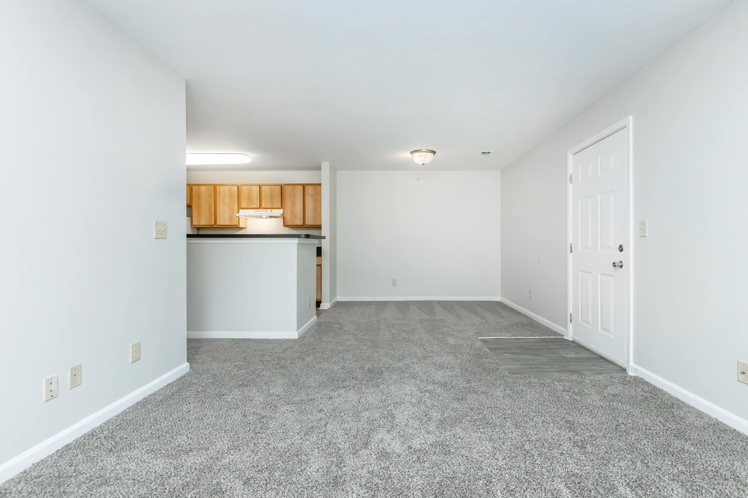 A spacious living area with carpeted flooring, featuring a doorway leading to an entrance and a partially visible kitchen with wooden cabinets in the background. The walls are painted white, creating a bright and open atmosphere.