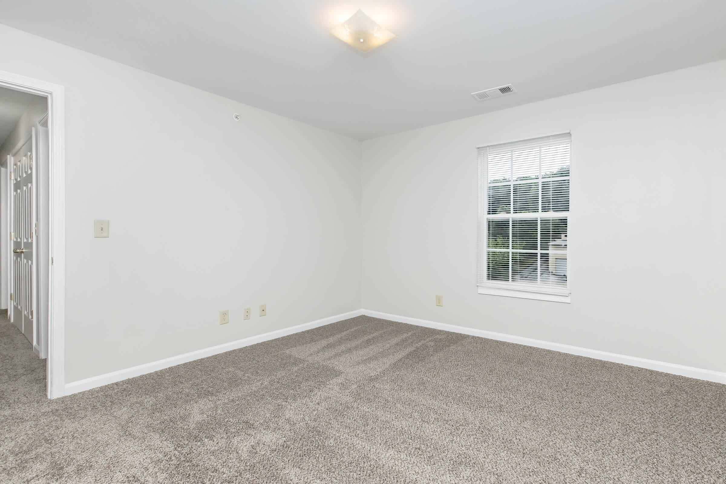 Empty room with light gray walls and carpet. A single window with white blinds lets in natural light. The corner features a ceiling light fixture, and there are doorways leading to other rooms. The overall space appears clean and ready for furnishing.