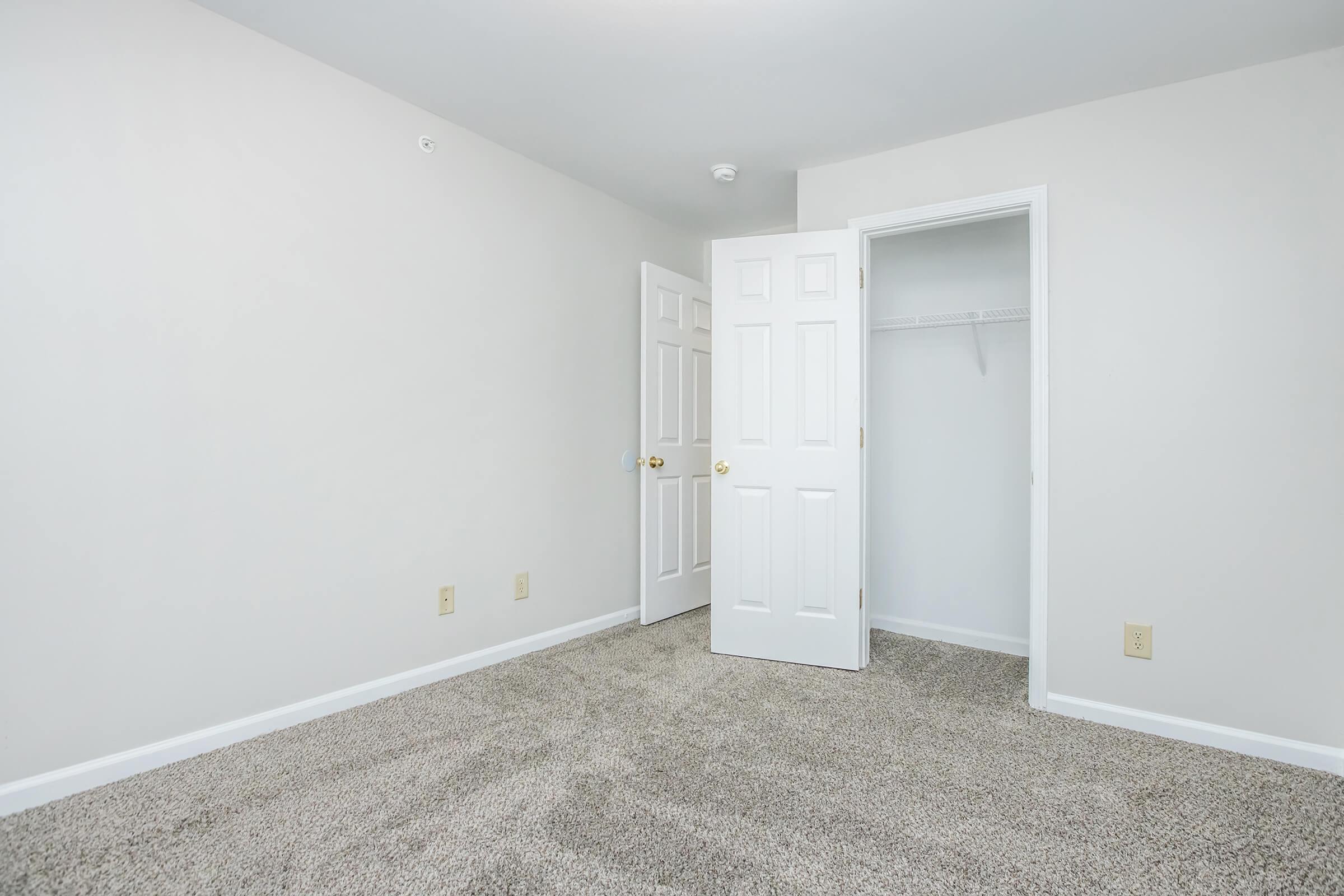 Empty room with light gray walls and beige carpet. Two white doors are partially open, revealing a closet with shelves inside. The space is bright and uncluttered, suggesting a fresh or newly renovated interior.