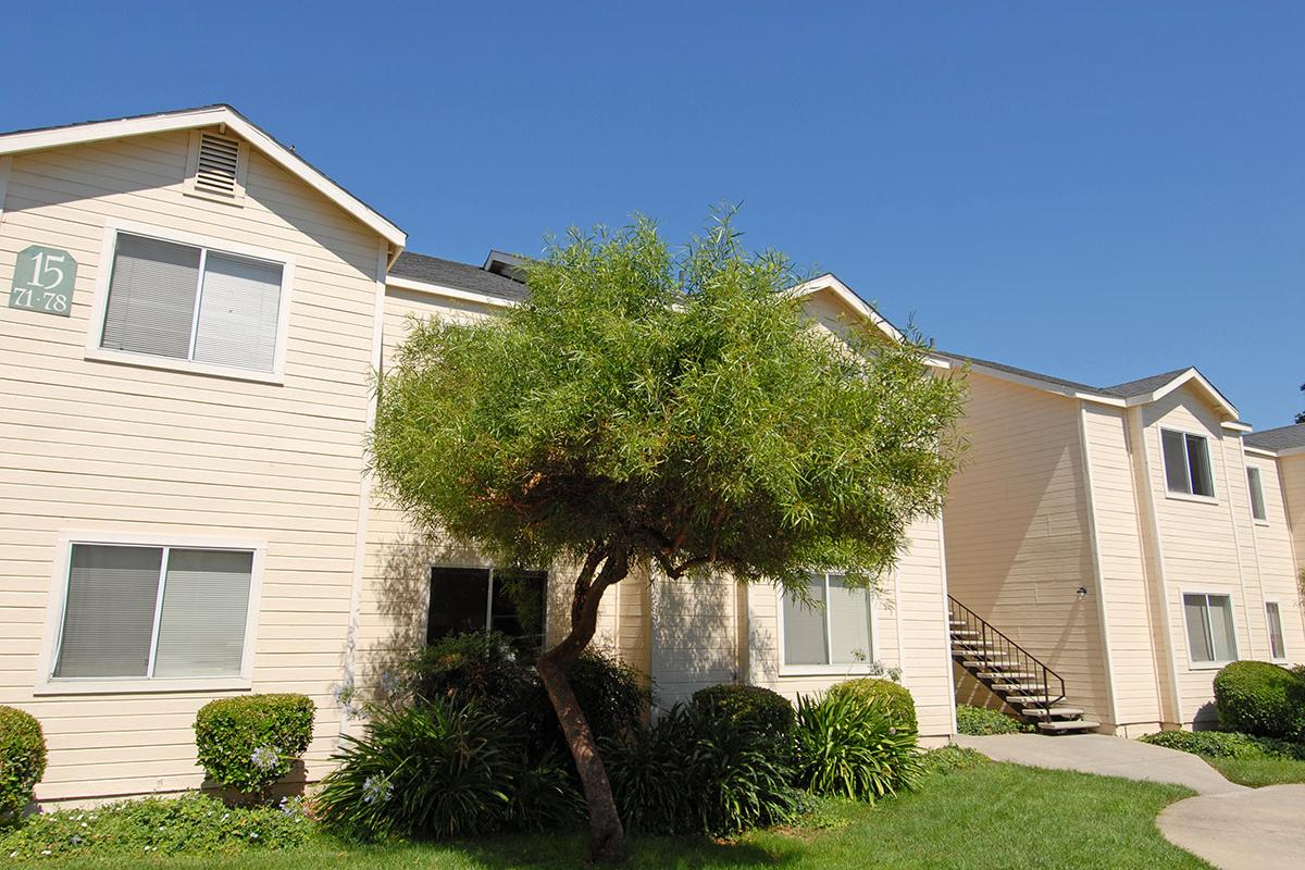 a house with bushes in front of a brick building