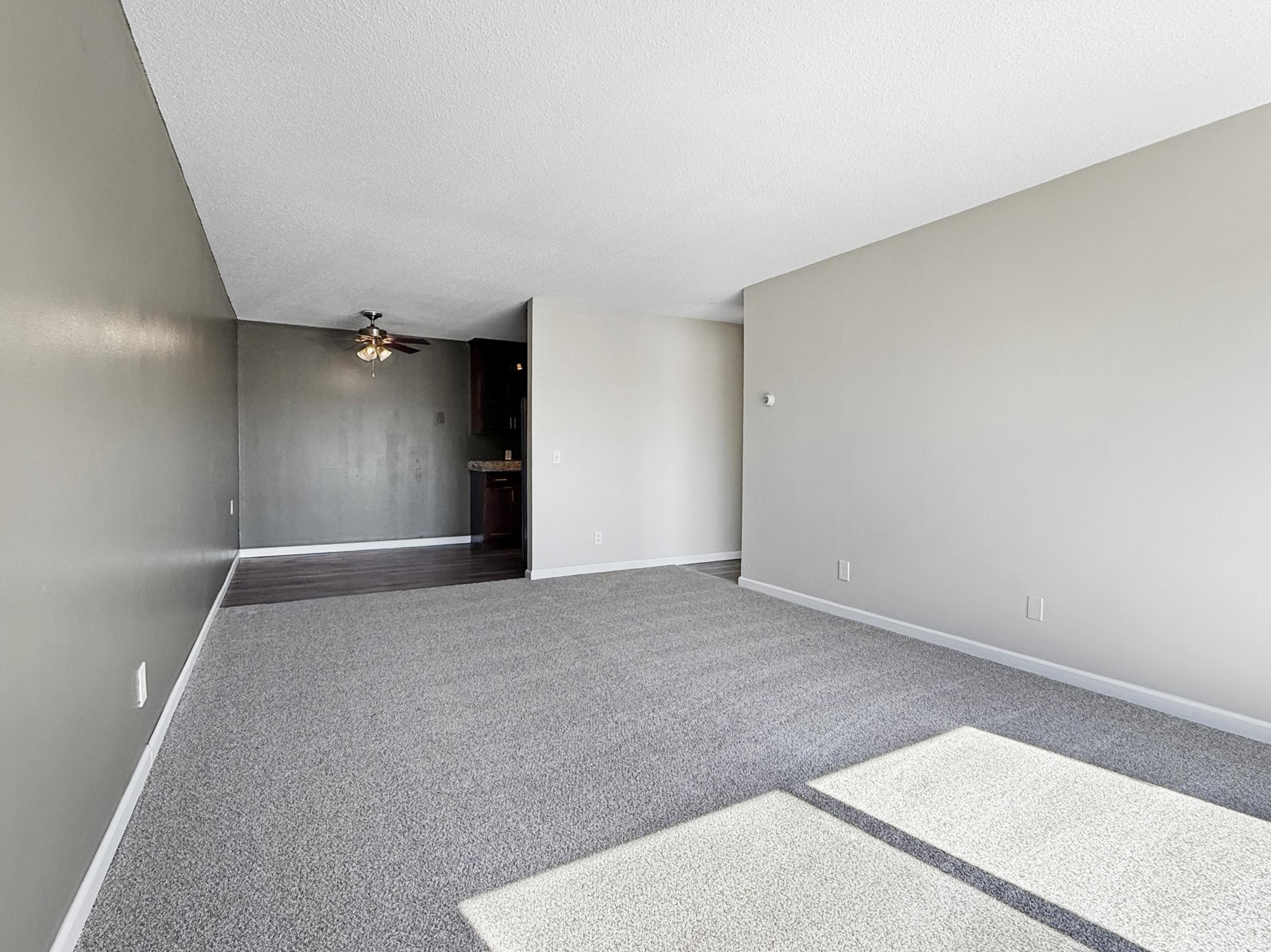 Spacious, empty living room with light gray walls and plush gray carpet. The area is well-lit by natural light coming through a window, creating a bright atmosphere. In the background, there is an entrance to another room with dark wood accents and a ceiling fan.