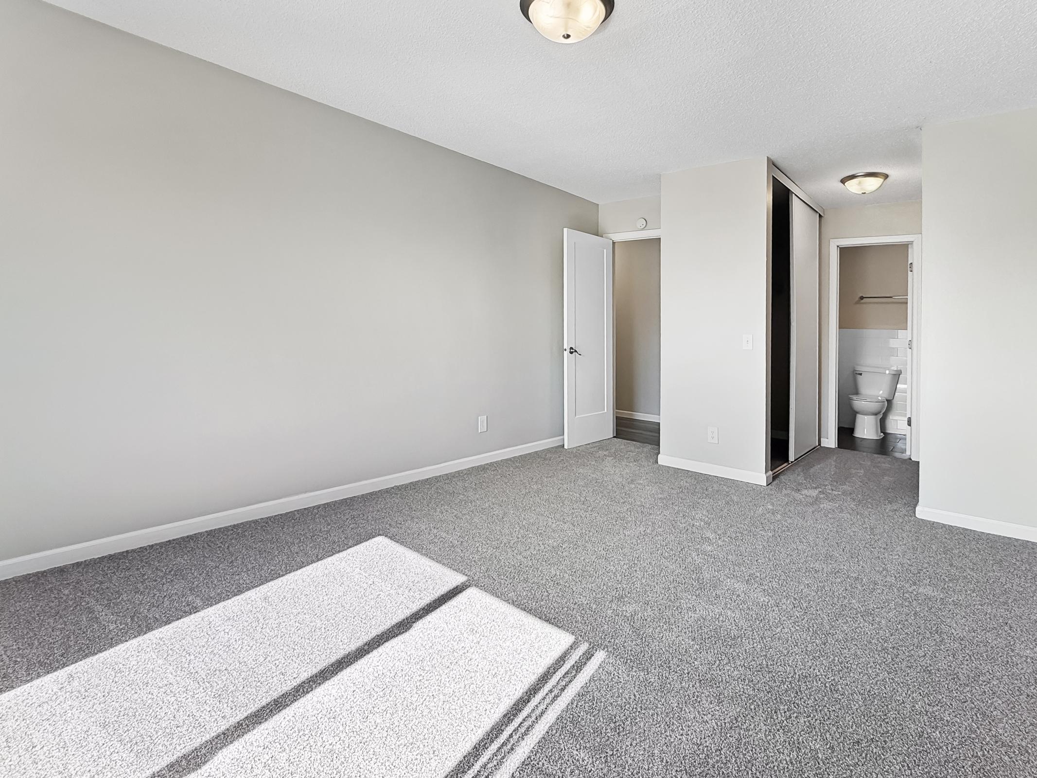A spacious, unfurnished room featuring light gray carpet, neutral wall colors, and a bright atmosphere. A door leads to a small bathroom area visible in the background, while a closet is partially open on the right. Natural light streams in through a window on the left, creating an inviting space.