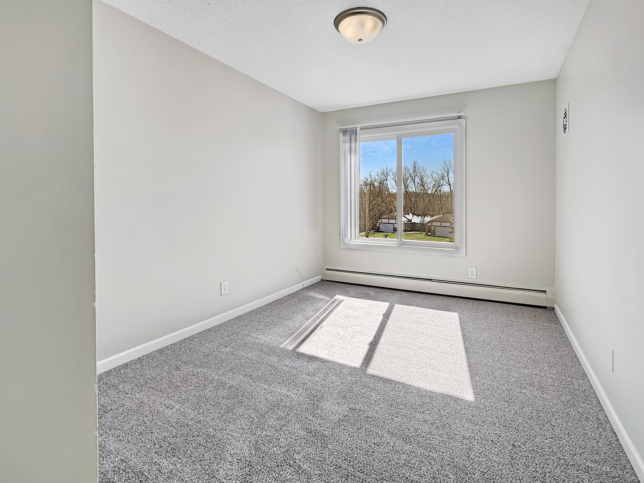 A vacant room with light gray carpet and freshly painted white walls. A large window allows natural light to enter, casting a shadow on the floor. The view outside includes trees and a driveway. The room has a ceiling light fixture and a heater along the wall.
