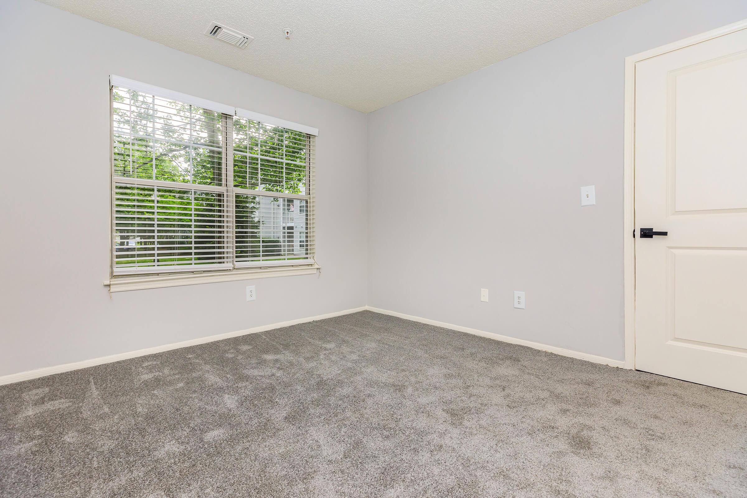 A clean, empty room featuring light gray walls and plush gray carpet. There is a large window with white blinds allowing natural light, and a white door on the right side. The space appears spacious and well-lit, ideal for various potential uses.